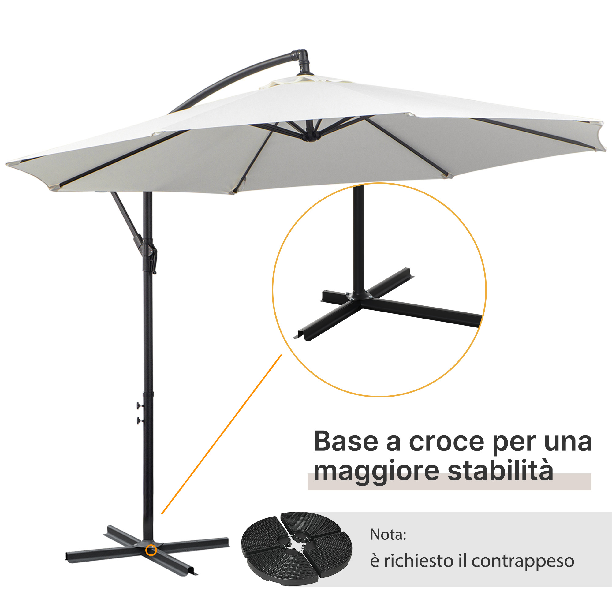 Un ombrellone chiaro con base a croce nera e piatto di peso opzionale.