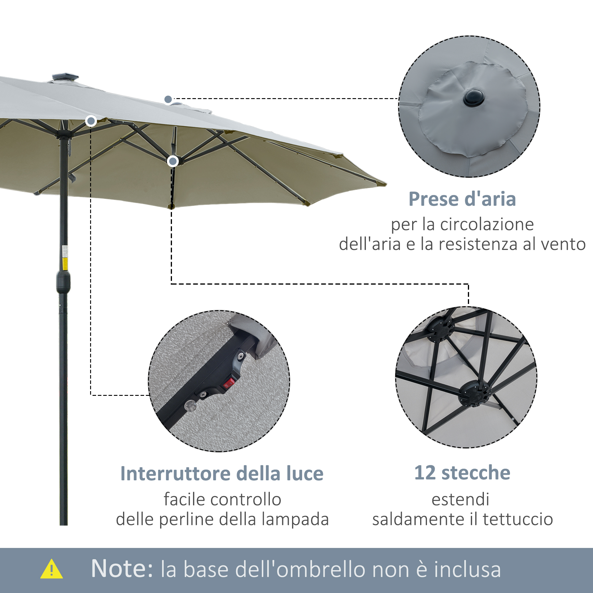 Un ombrellone grigio con dettagli: prese d'aria, interruttore, 12 stecche.
