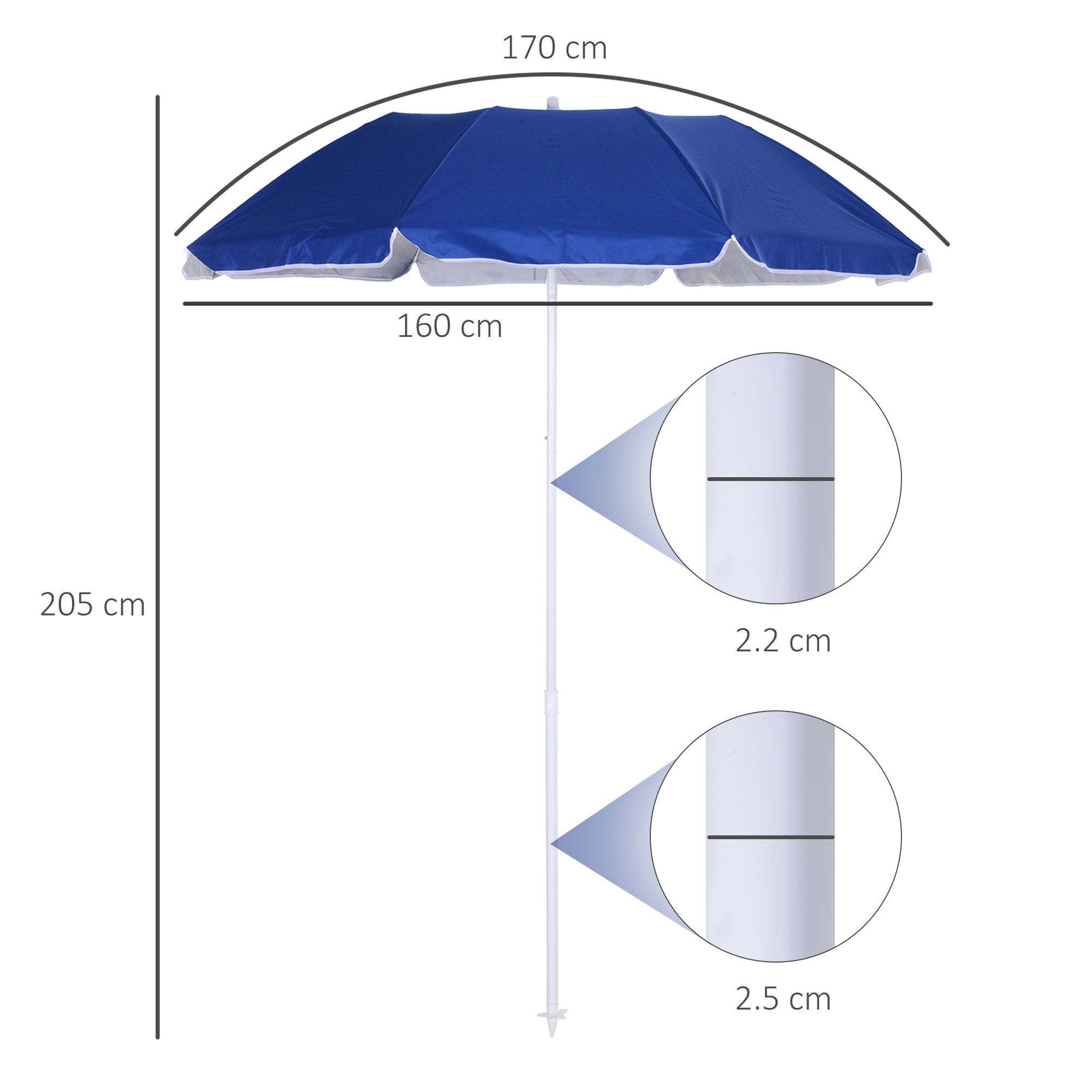 Un ombrellone blu con bordo bianco, alto 205 cm e largo 170 cm.