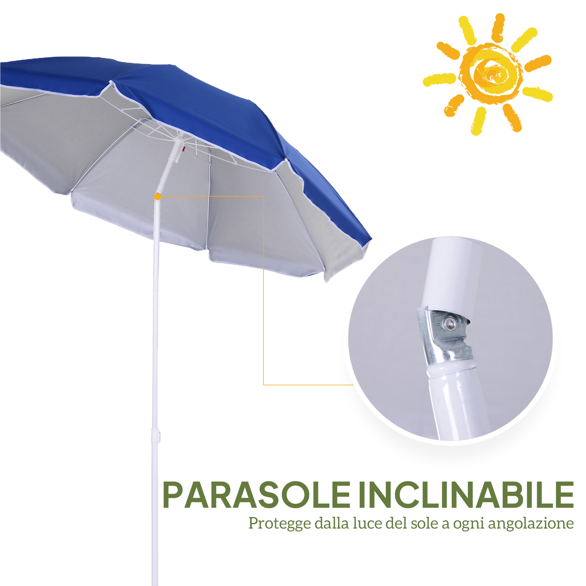 Un parasole blu e bianco con asta regolabile e illustrazione di un sole grafico.