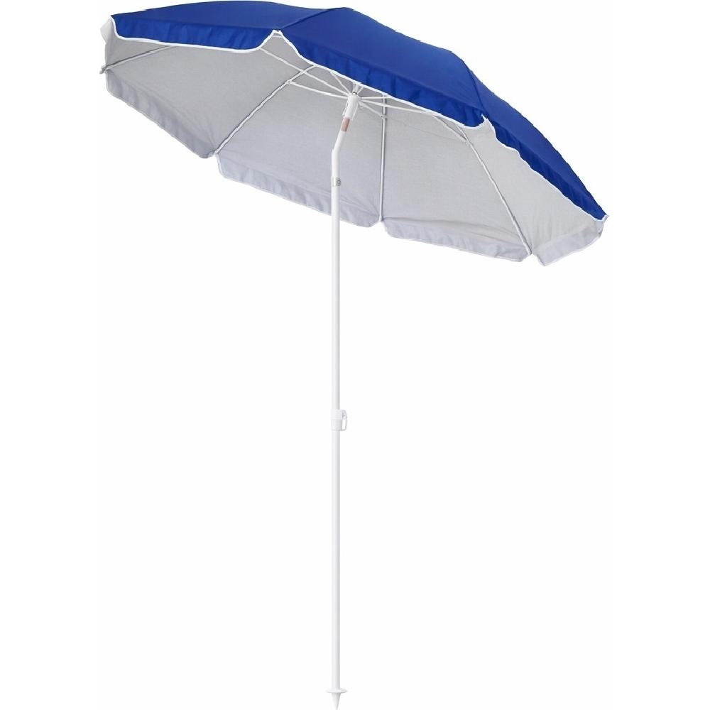 Un ombrellone blu e grigio con palo bianco su sfondo bianco.