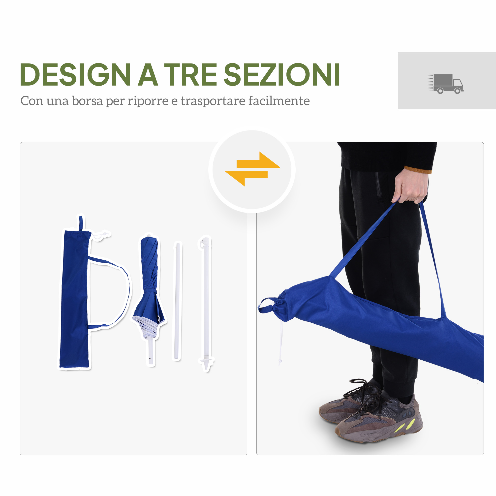 Una persona porta una borsa blu con ombrello piegato e pali. Testo in alto: 'DESIGN A TRE SEZIONI'.