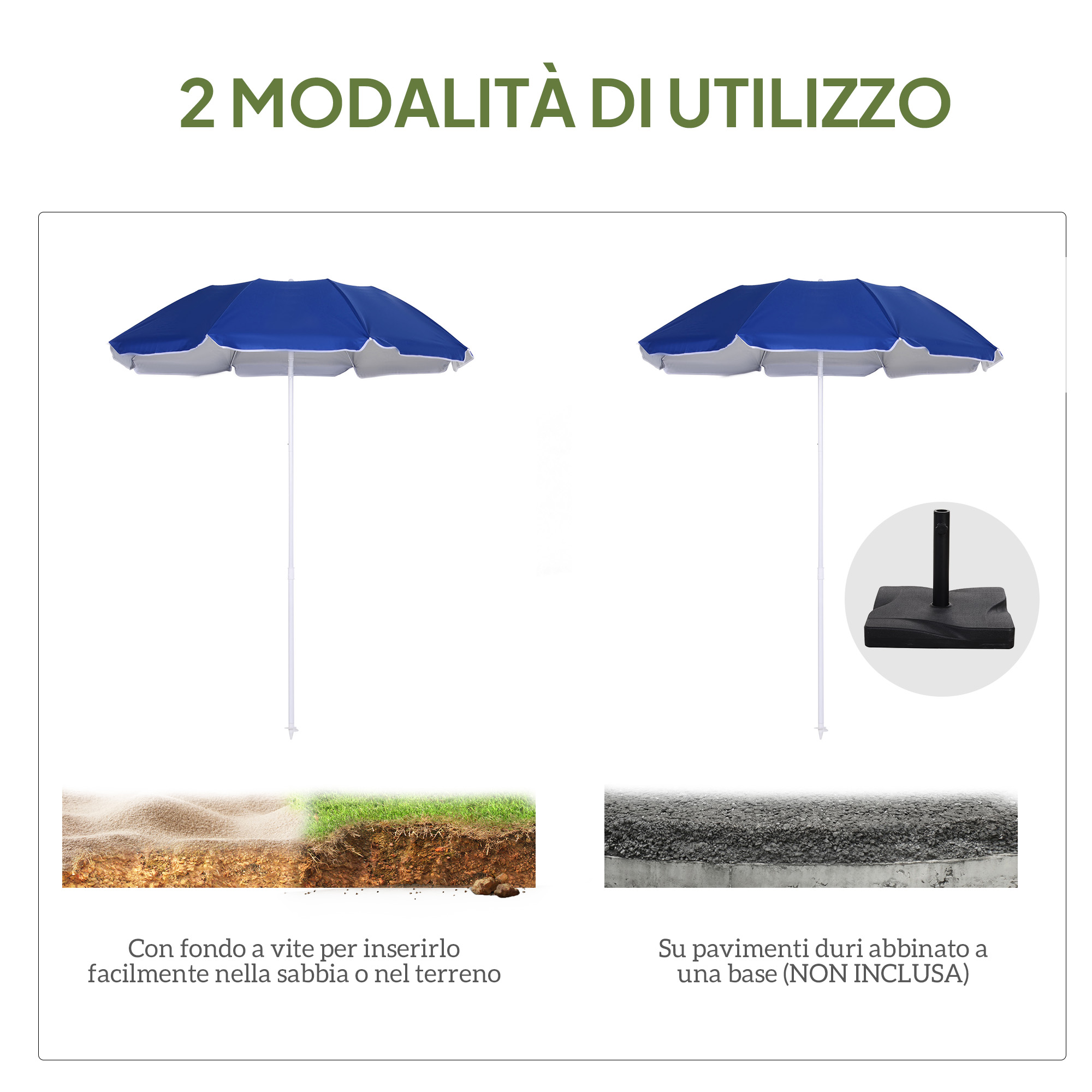 Due ombrelloni blu, uno con fondo a vite, uno con base.