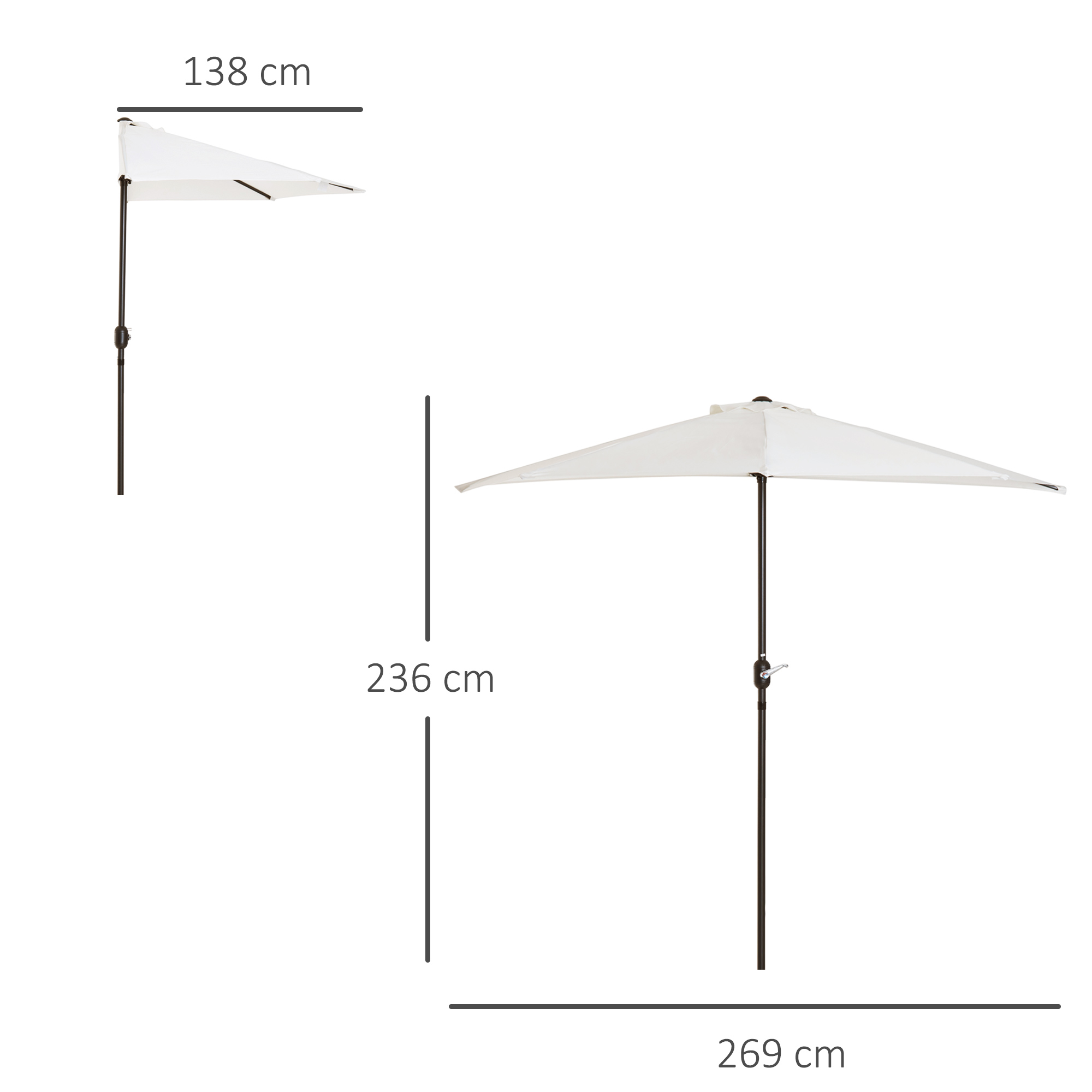 Un ombrellone bianco aperto con supporto, dimensioni 236x269 cm.