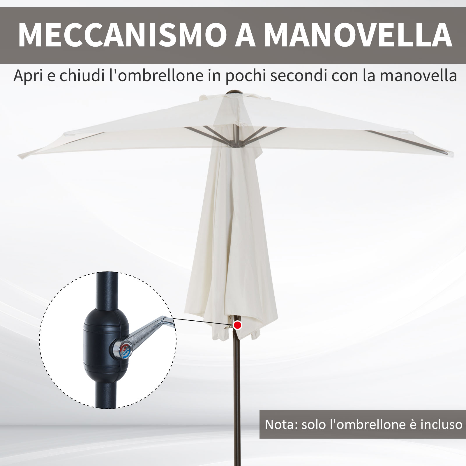 Ombrellone bianco con meccanismo a manovella. Primo piano del palo nero con manovella.