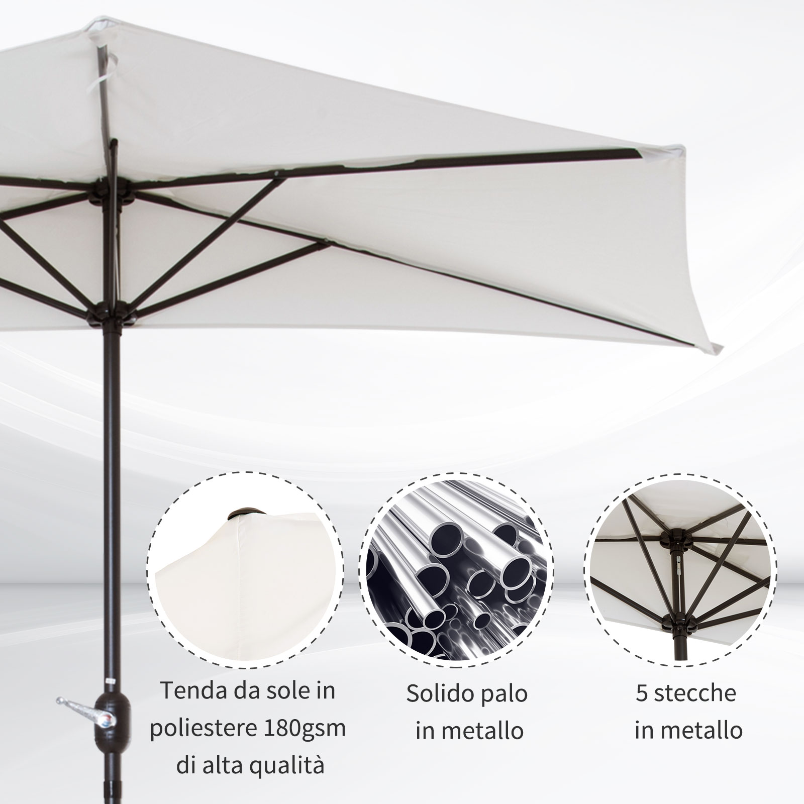 Ombrellone bianco con palo in metallo, dettagli in tessuto e tubi.