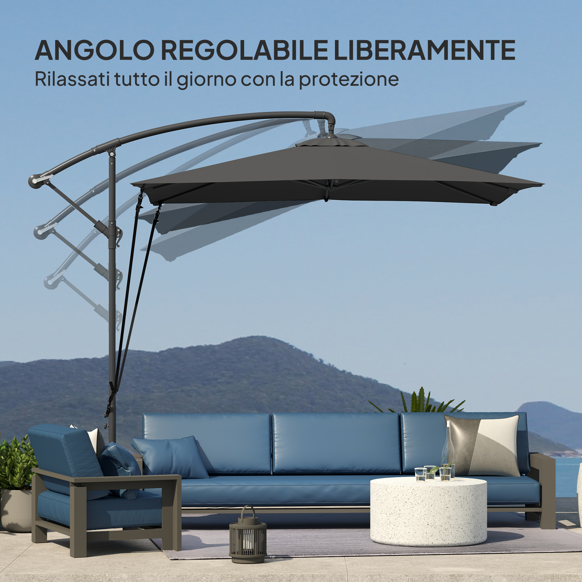 Un ombrellone a sbalzo grigio su divano e poltrona blu.