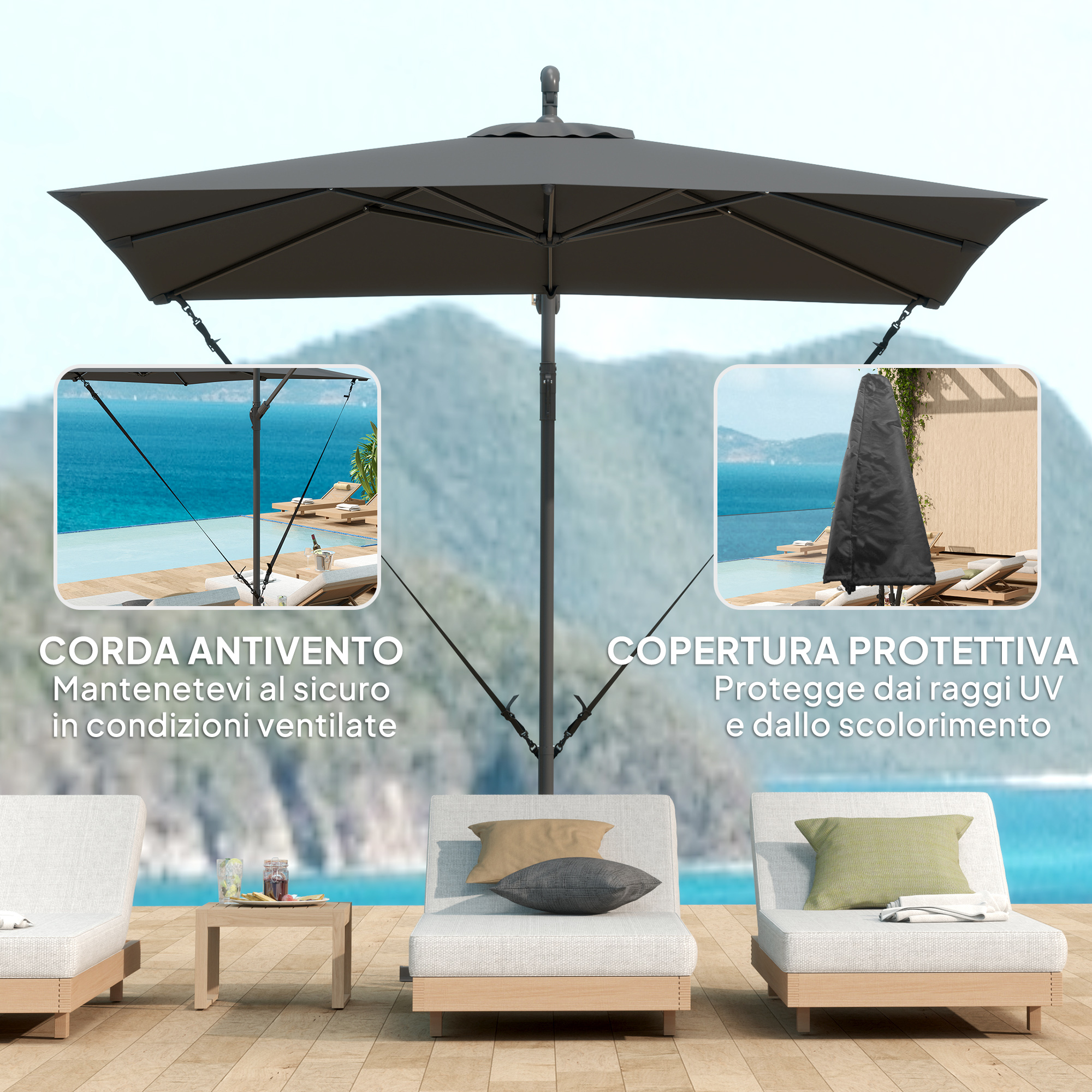 Grande ombrellone grigio sopra lettini vicino a una piscina. Ingrandimenti mostrano corde e copertura.