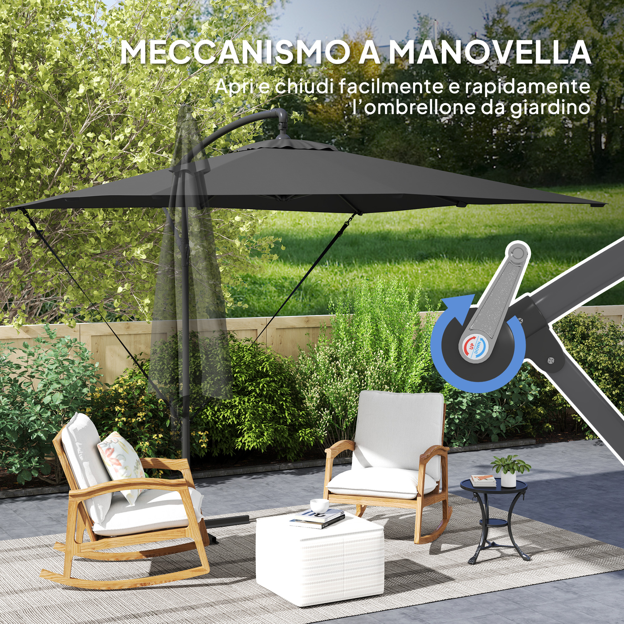 Un ombrellone da giardino nero su mobili da esterno con meccanismo a manovella.
