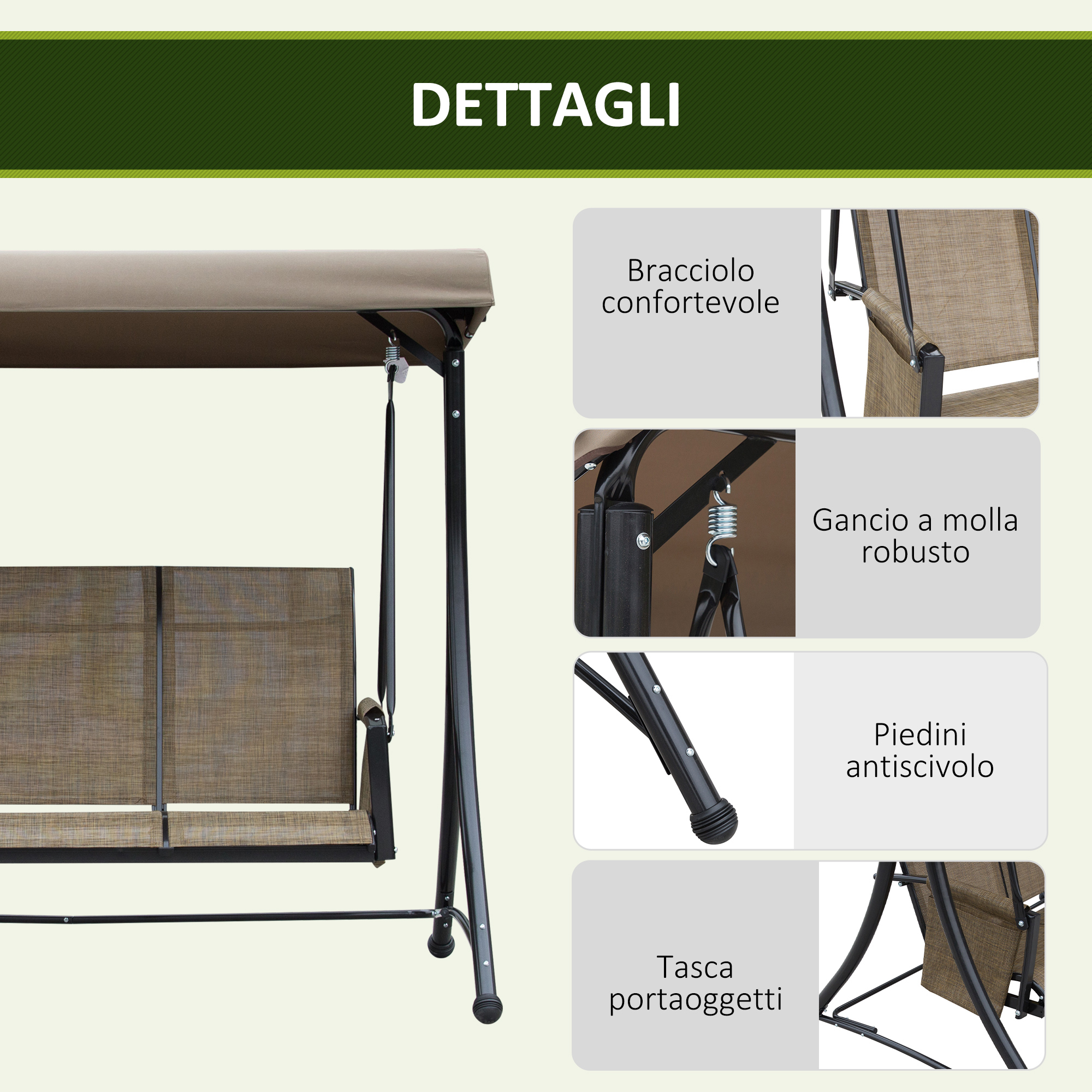Altalena da giardino con tettuccio in tessuto, seduta e dettagli come braccioli, gancio a molla, piedini antiscivolo.