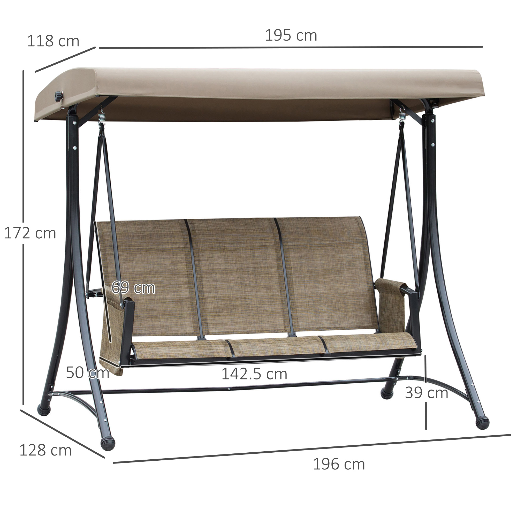 Sedile altalena marrone 3 posti con tettoia e telaio beige, dimensioni.