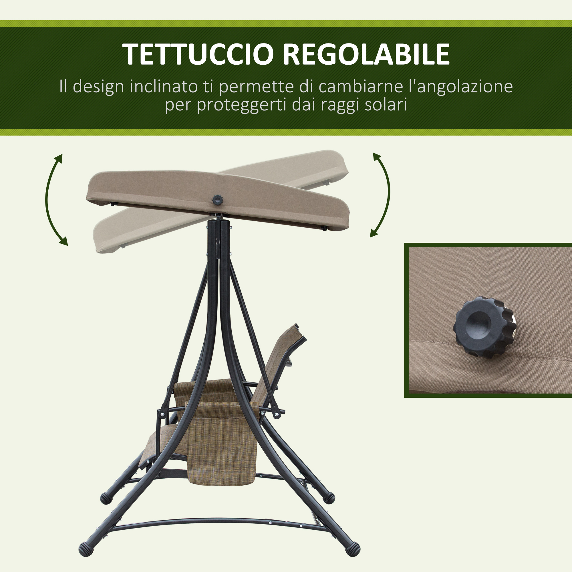 Tettoia regolabile per dondolo, con meccanismo e vista dettaglio.