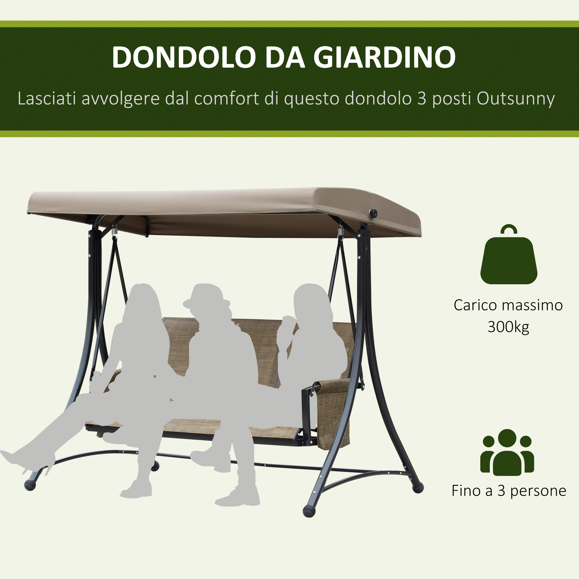 Dondolo da giardino per 3 persone, carico max. 300kg.