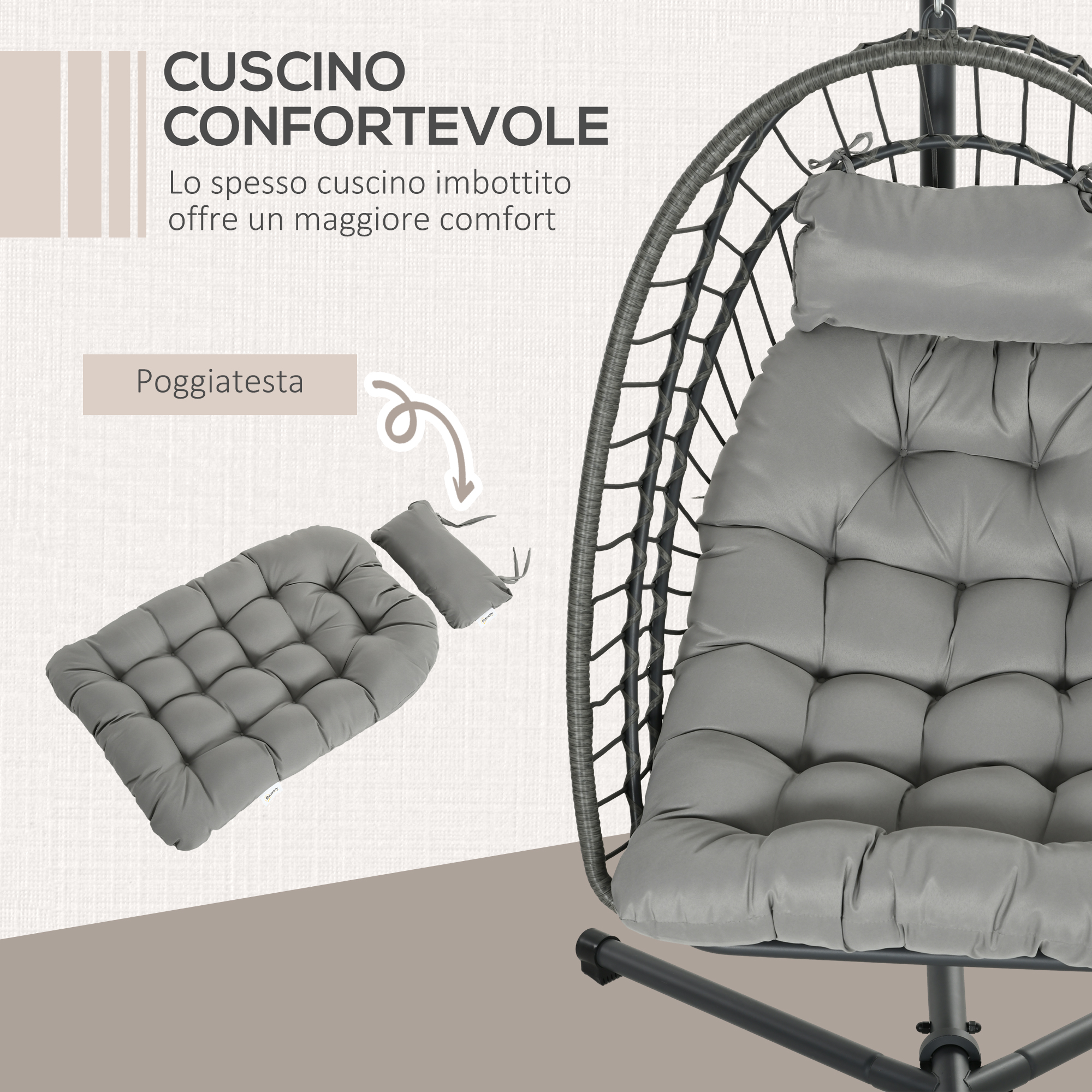 Cuscini grigi per sedia sospesa con bottoni e poggiatesta separato.