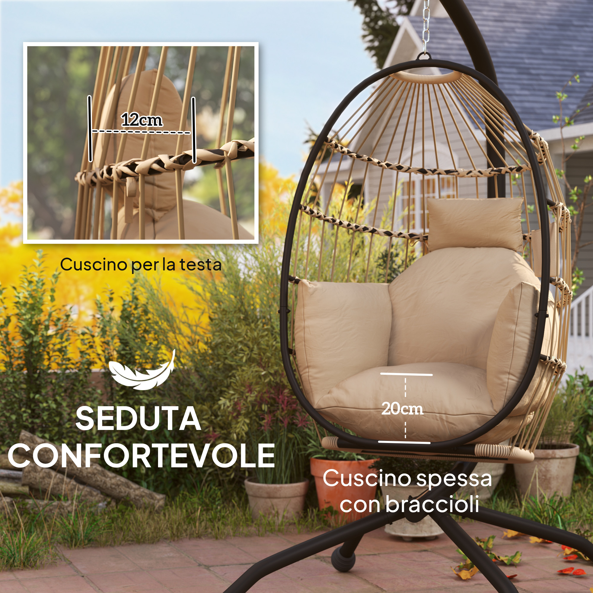 Sedia sospesa beige con cuscini, misure 12cm e 20cm, in giardino.