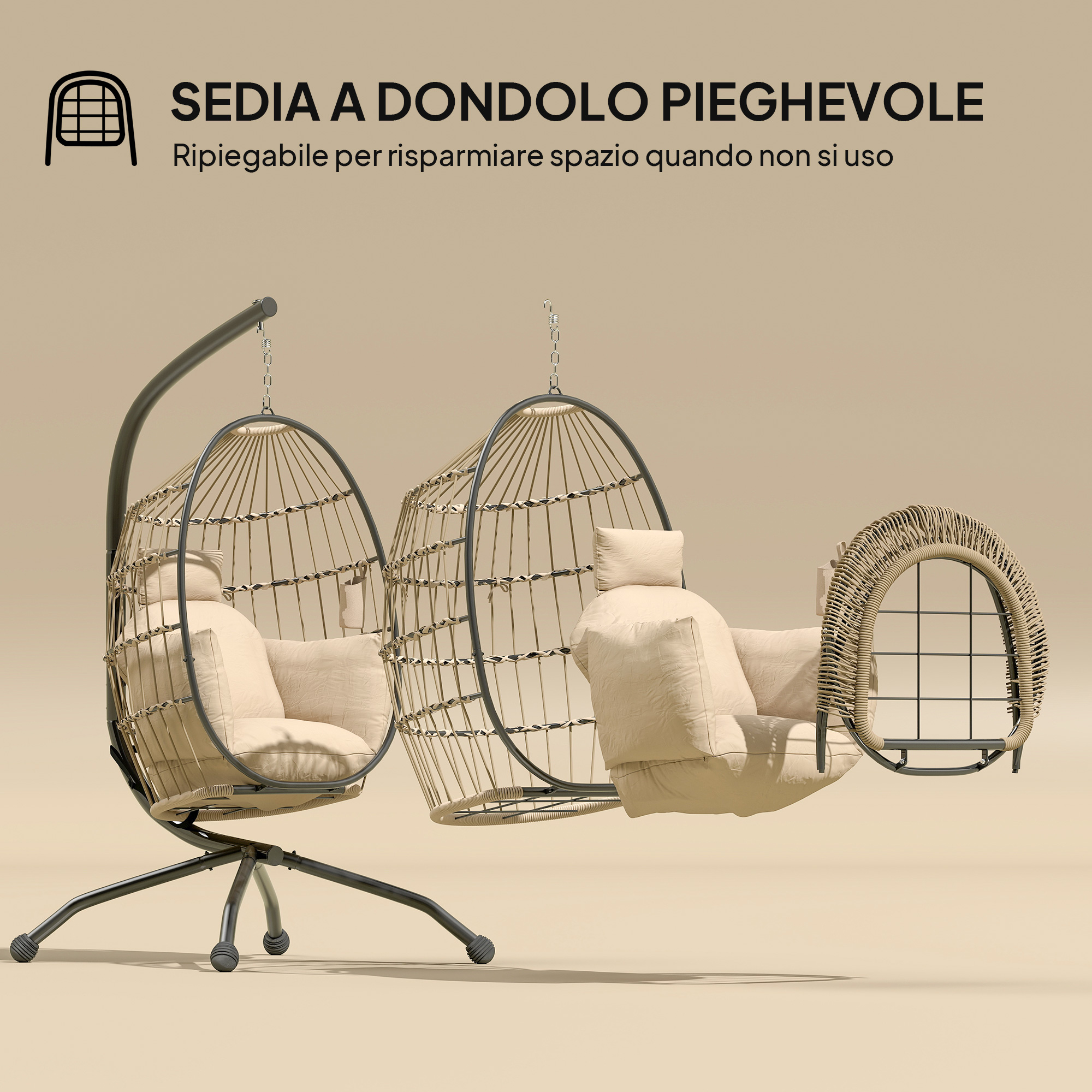Due sedie a uovo sospese con cuscini beige chiaro su sfondo chiaro.
