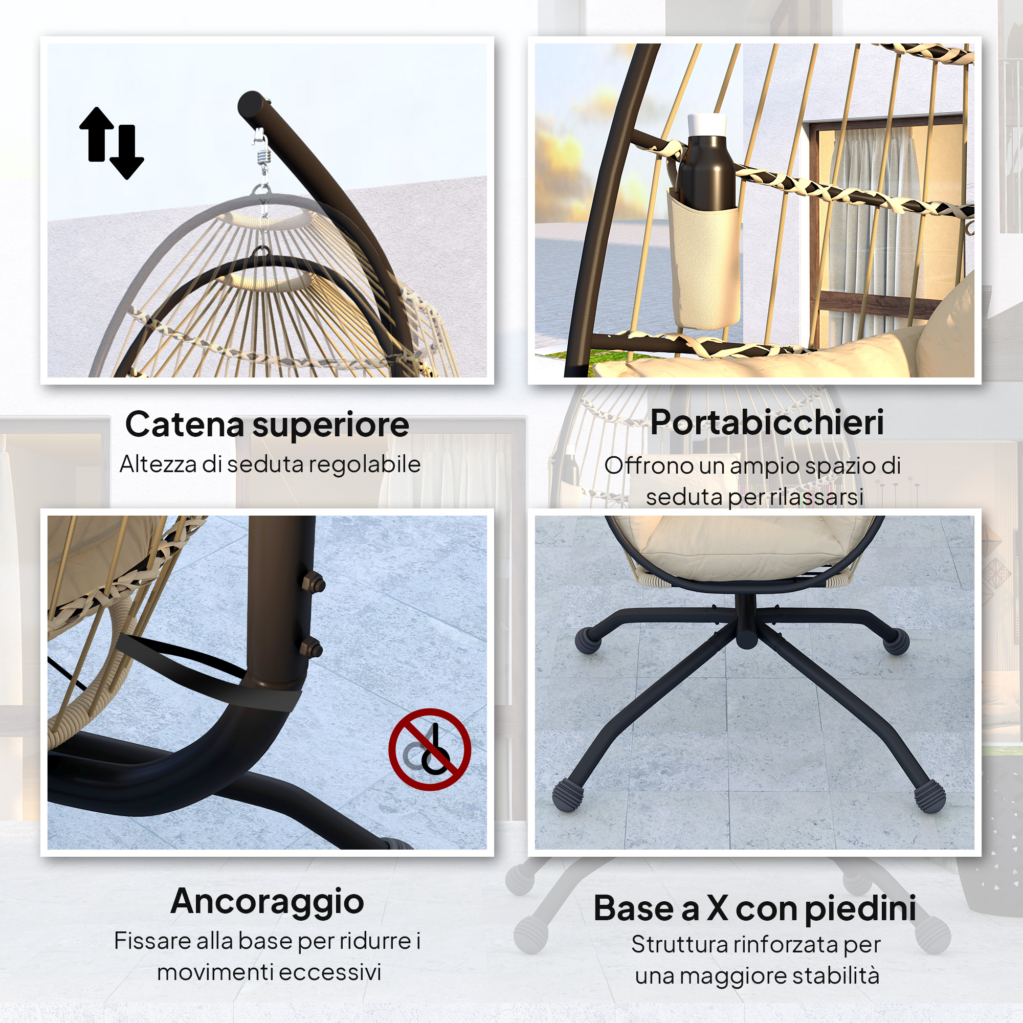 Sedia a cesto sospesa, altezza regolabile, portabicchieri e base stabile.