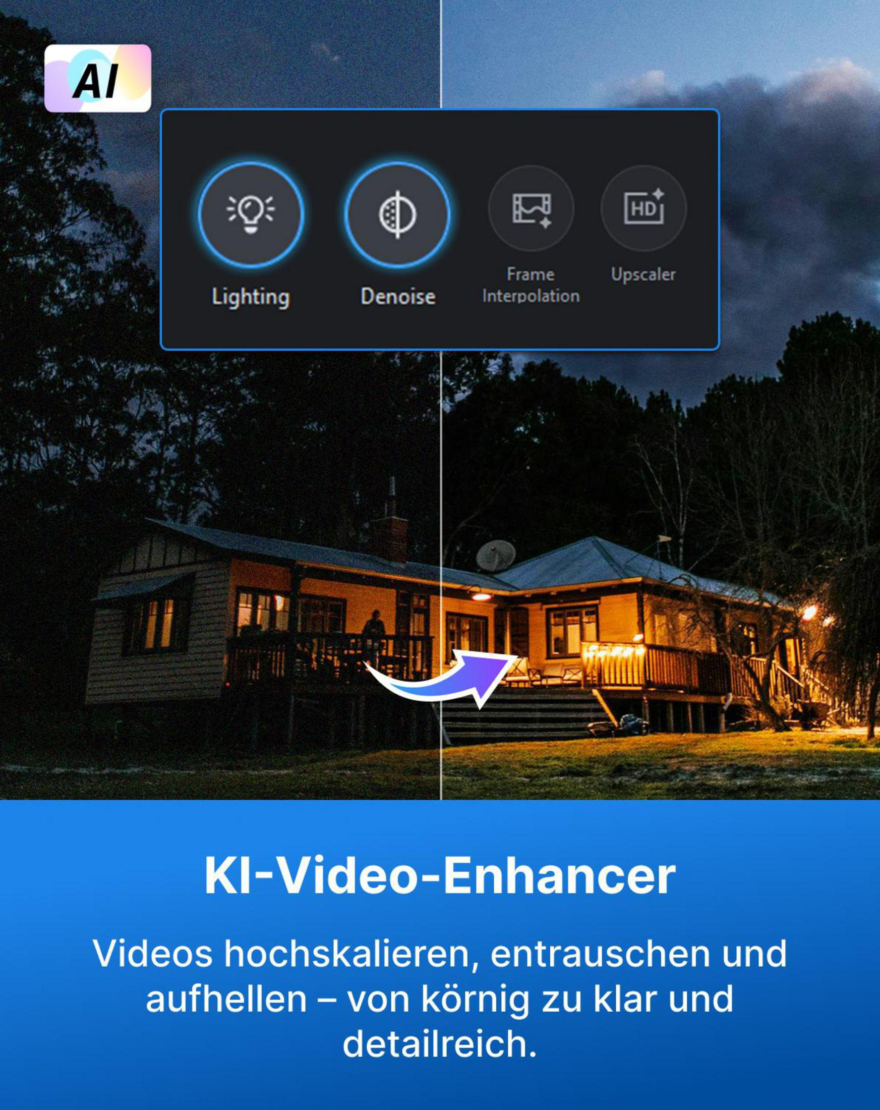 Miglioratore video AI con opzioni Illuminazione, Riduzione rumore, Interpolazione.