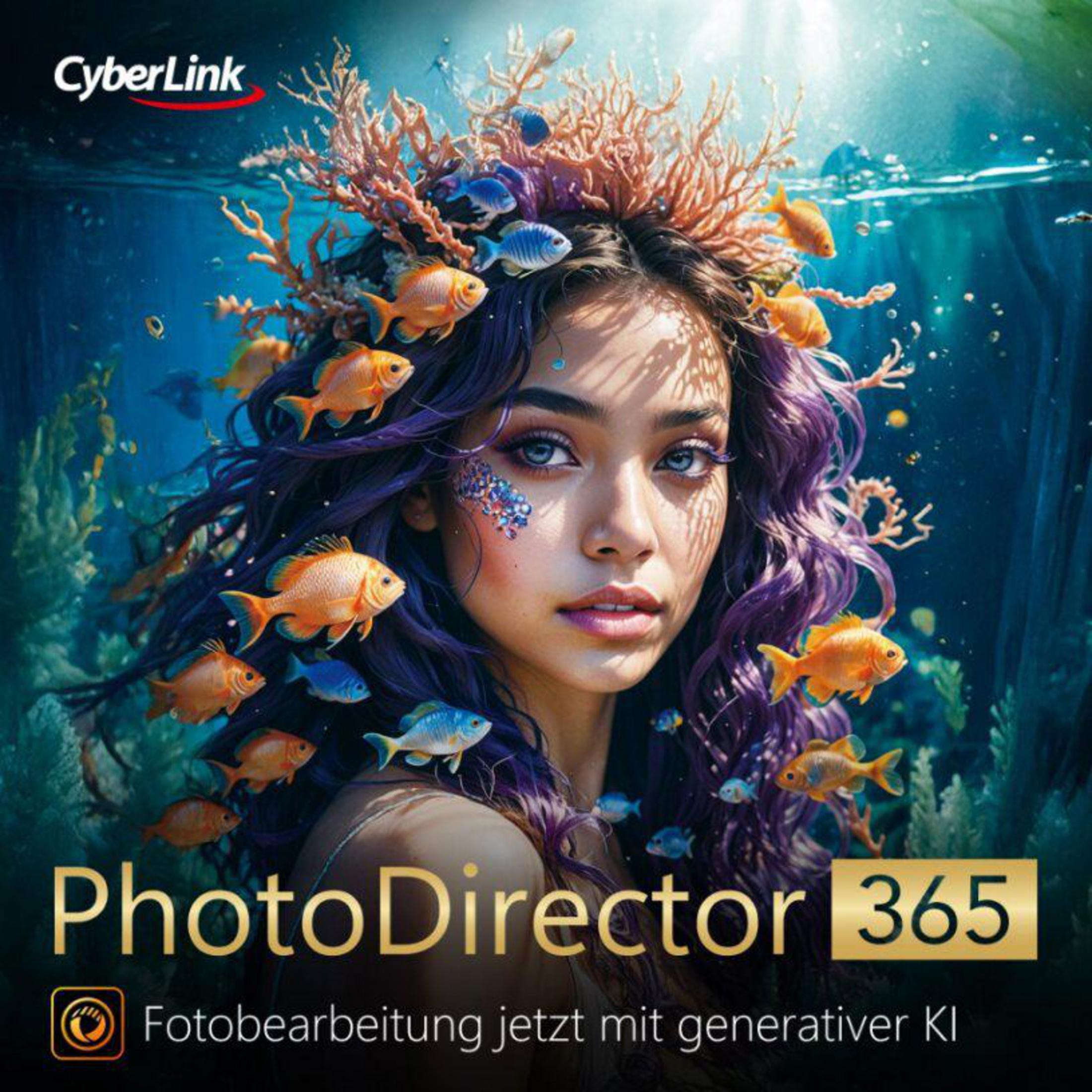 Annuncio CyberLink PhotoDirector 365: Donna con capelli viola circondata da pesci e coralli.