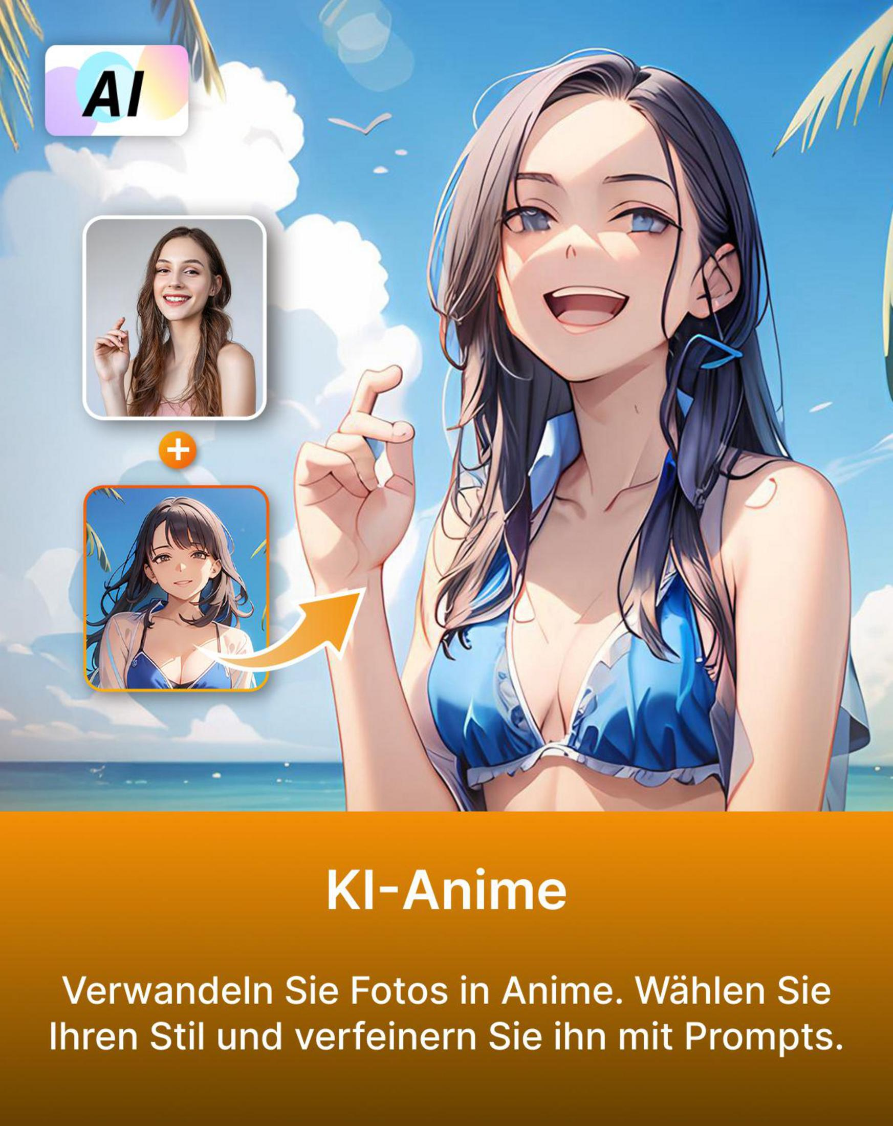 App IA Anime: Foto trasformata in anime, con palme e cielo azzurro.