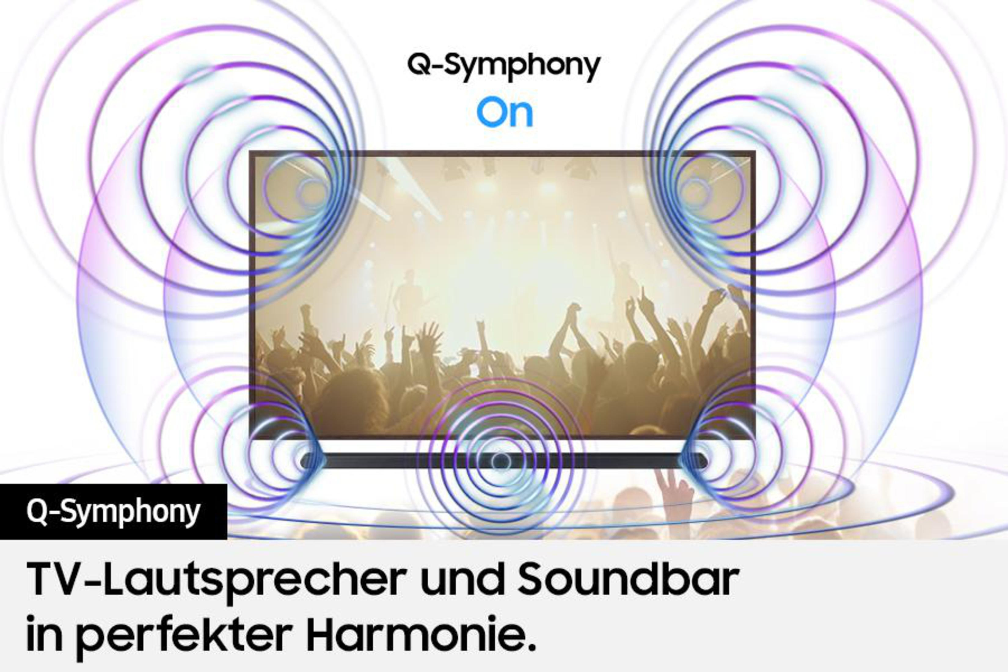 Ein TV mit Q-Symphony On zeigt eine jubelnde Menge. Wellenmuster.