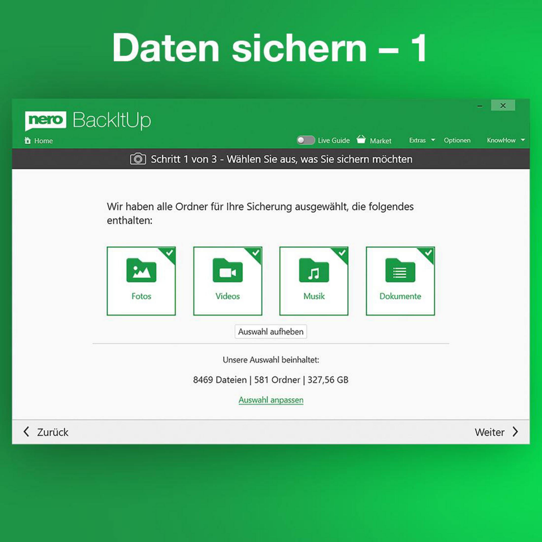 Nero BackItUp: Cartelle Foto, Video, Musica, Documenti selezionate per il backup.