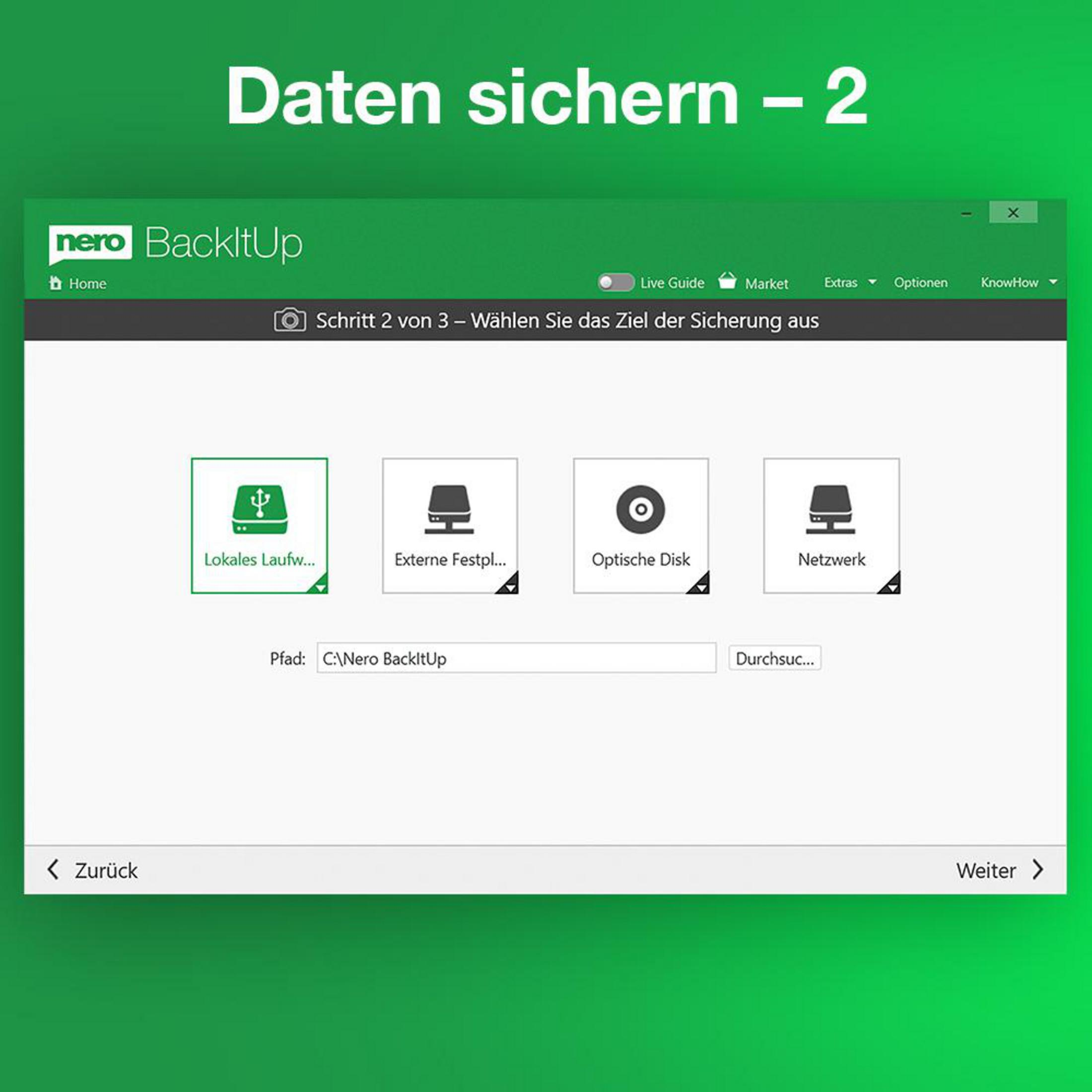 Software Nero BackItUp: Scegliere la destinazione del backup: locale, esterna, ottica o di rete.
