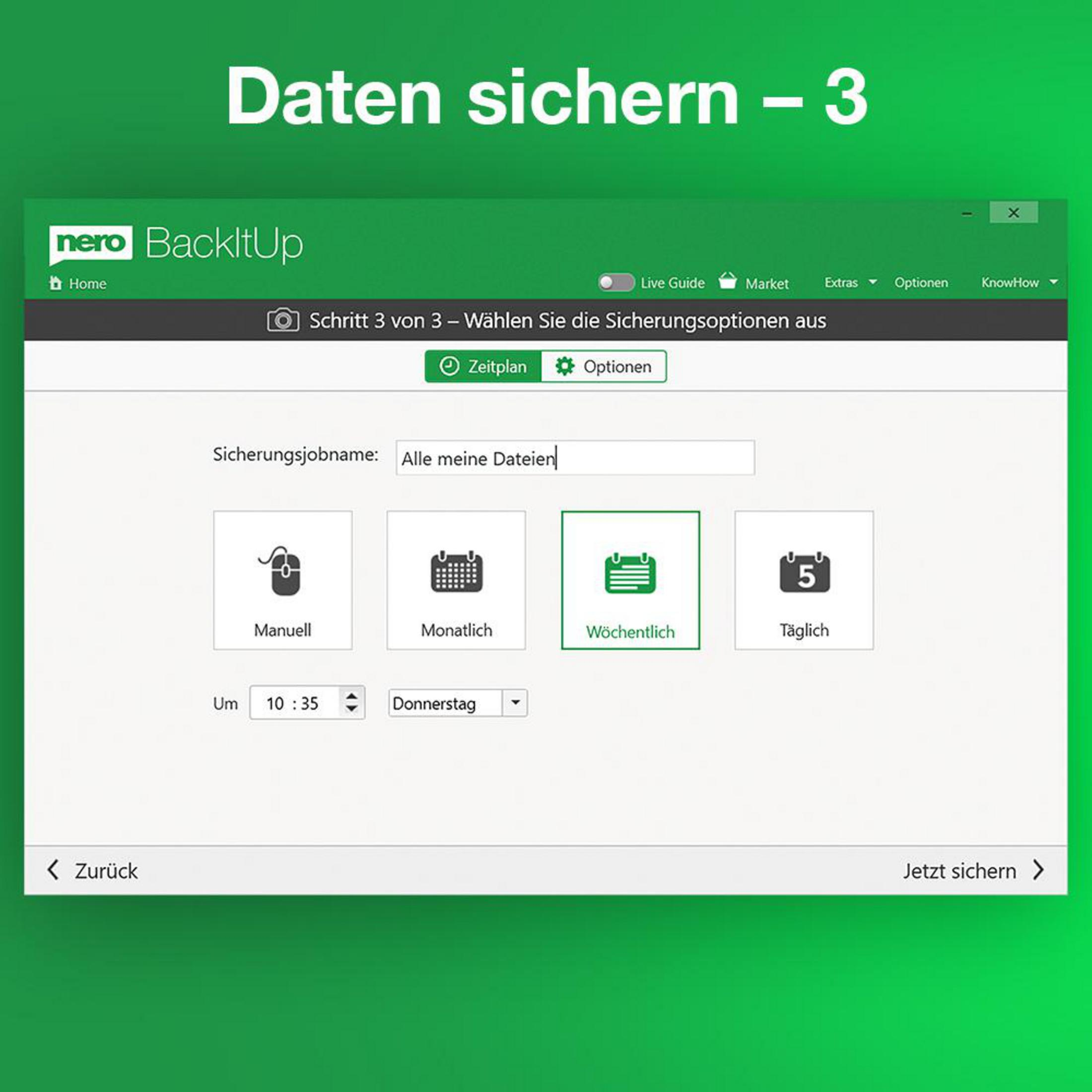 Finestra Nero BackItUp con opzioni di backup: Manuale, Mensile, Settimanale, Giornaliero.