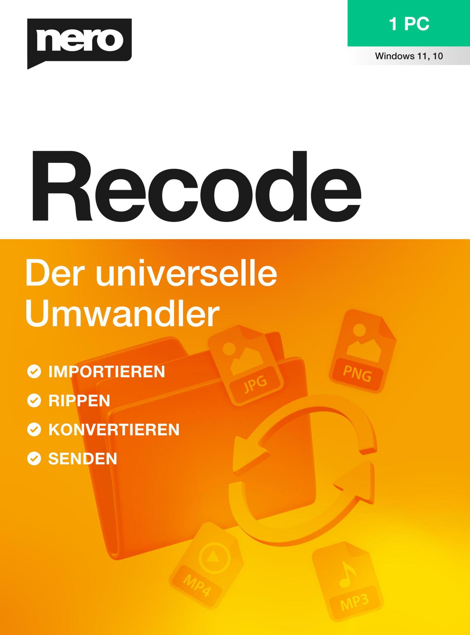 Software Nero Recode con icone per importare, rippare, convertire, inviare.
