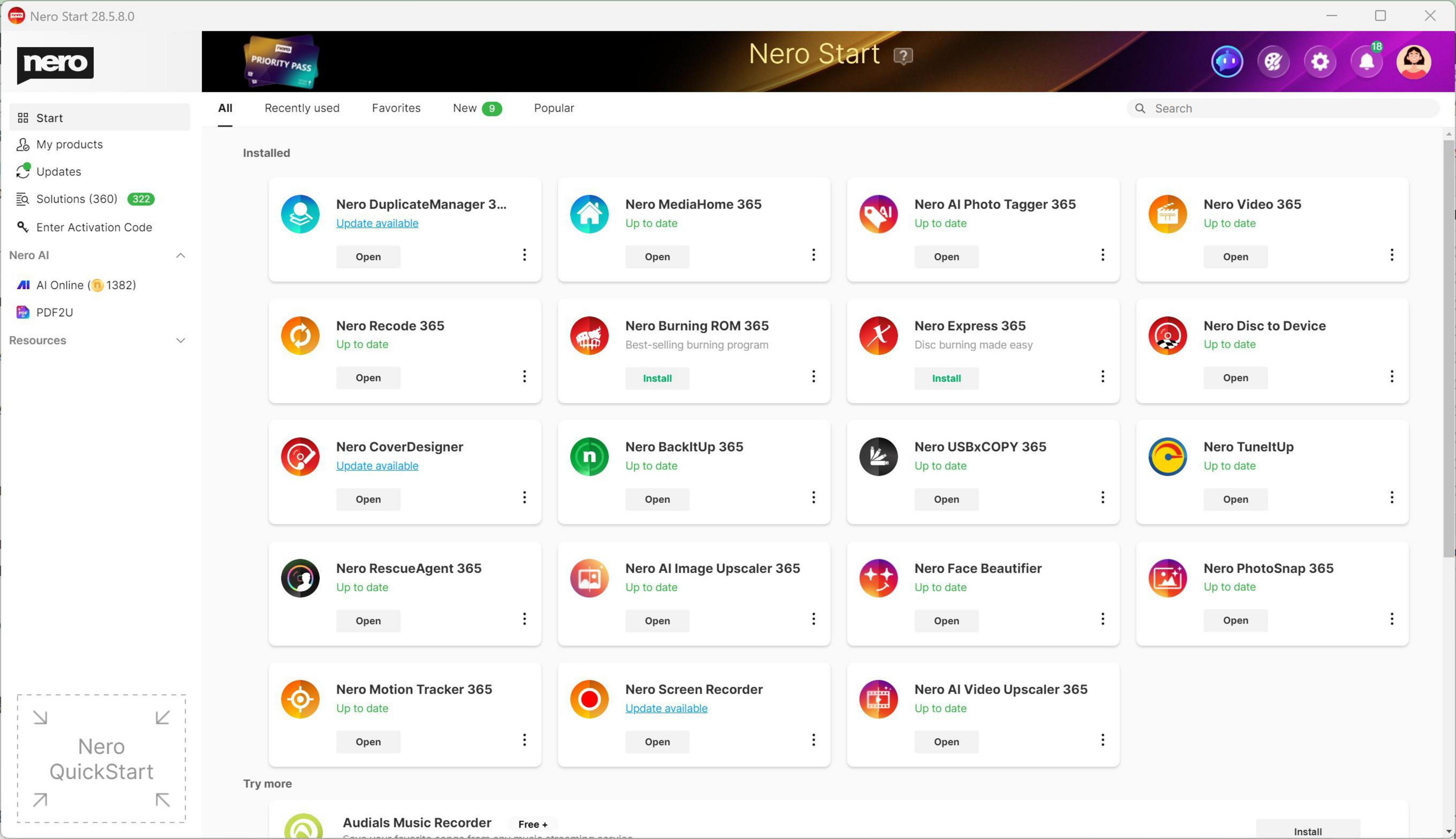 App Nero Start che mostra programmi installati e disponibili come Nero Duplicate Manager.