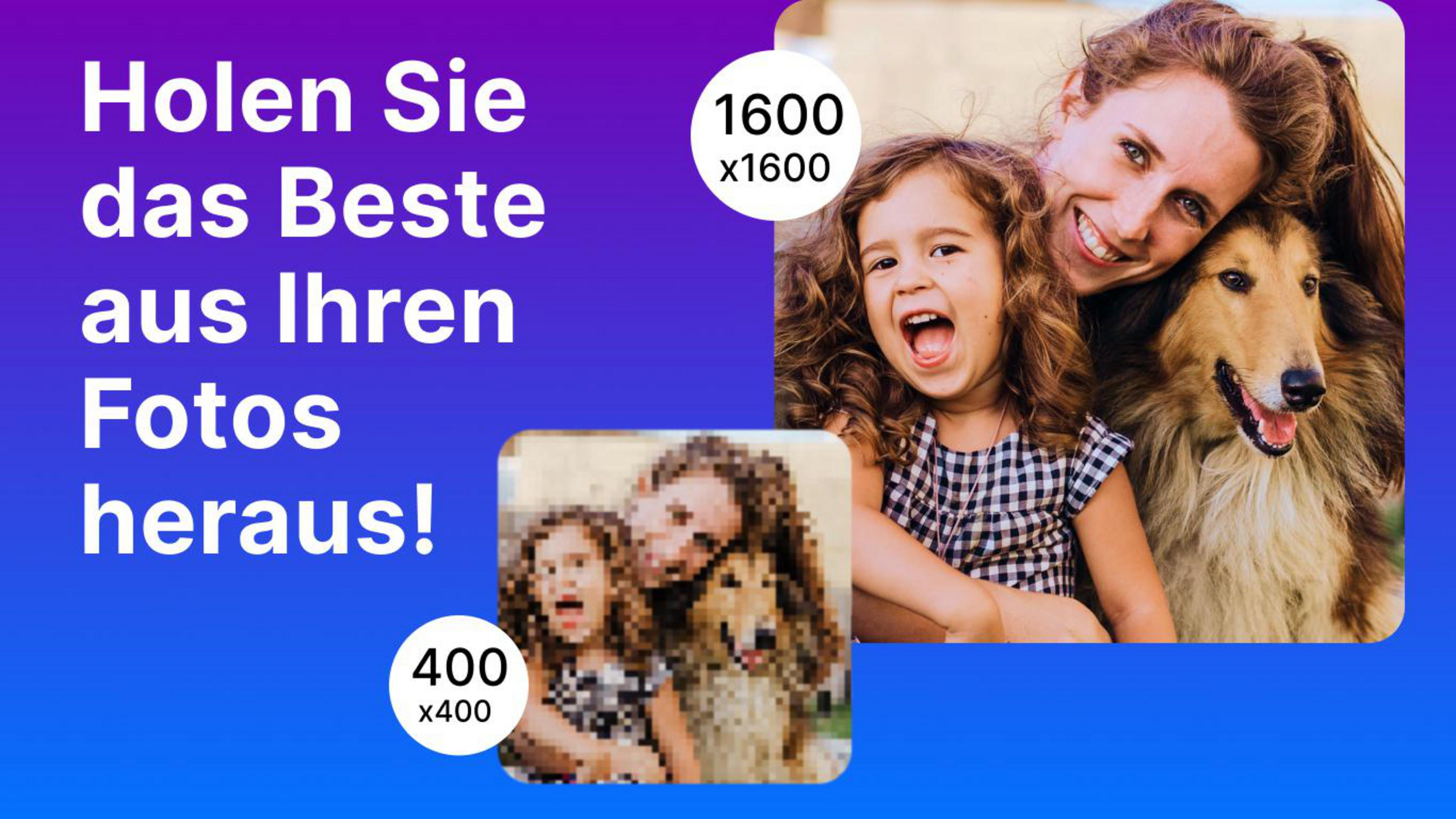 Donna, bambino e cane sorridono, con testo e risoluzioni in tedesco.