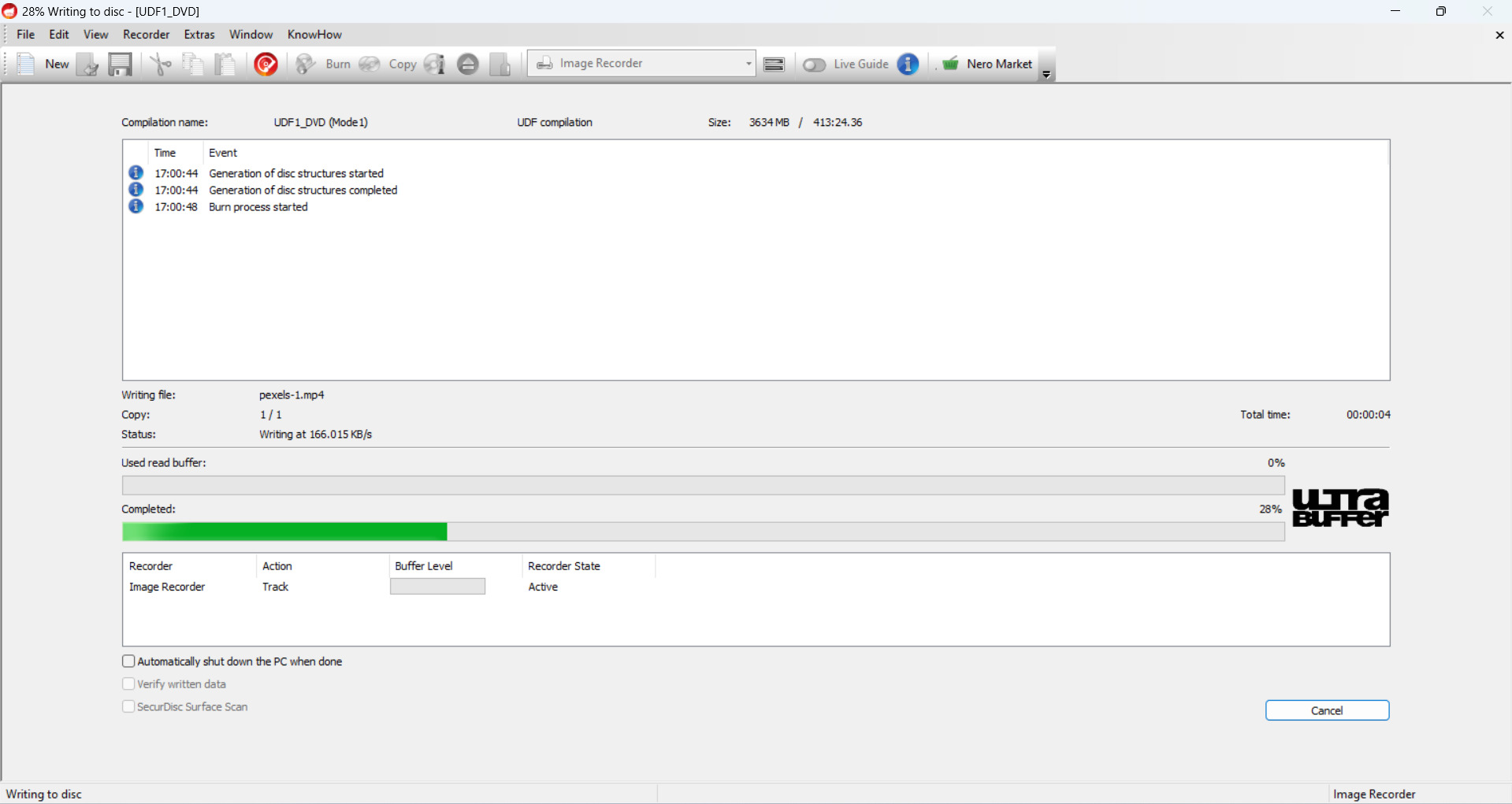 Screenshot dell'interfaccia di scrittura del disco con il 28% di avanzamento e dettagli del file.