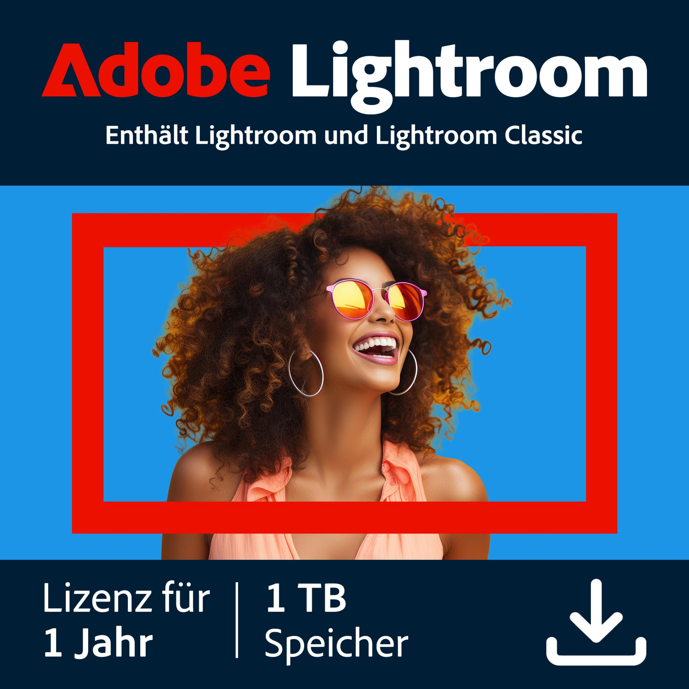 Licenza Adobe Lightroom 1 anno, archiviazione 1 TB. Donna con occhiali.