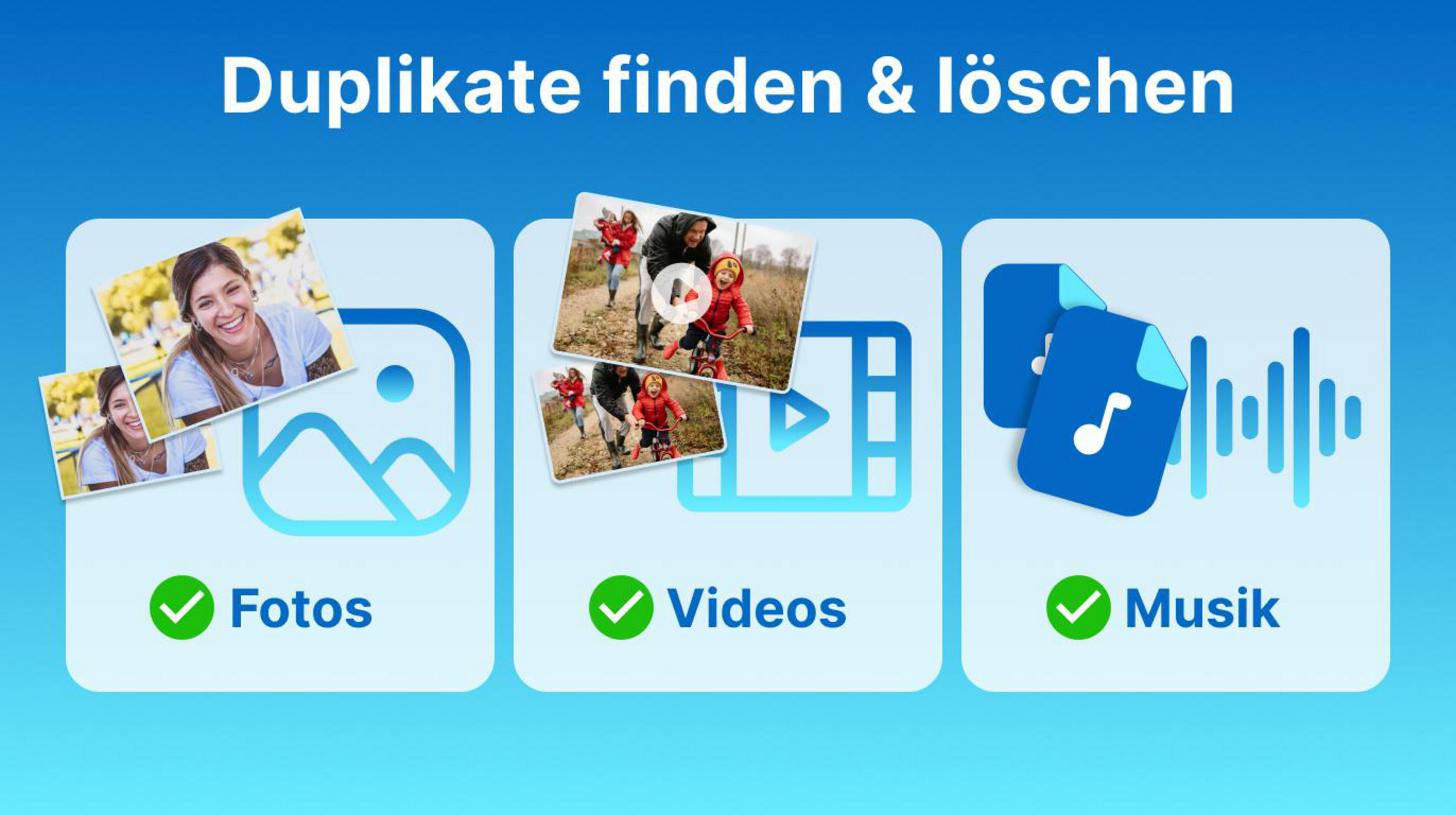 Icone per foto, video e musica con segni di spunta ed etichette.
