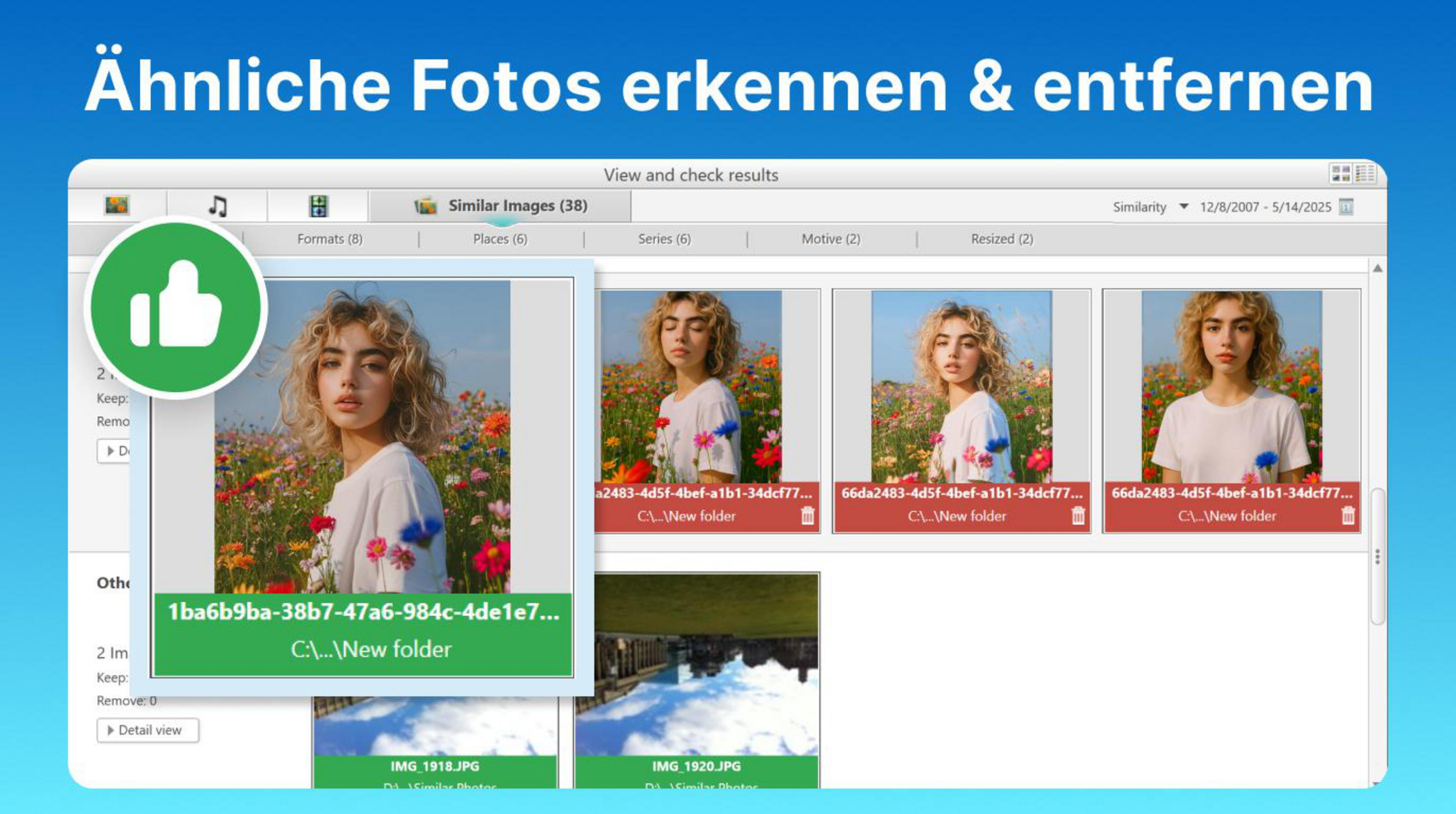 Donna in un campo di fiori, interfaccia software che mostra immagini simili.