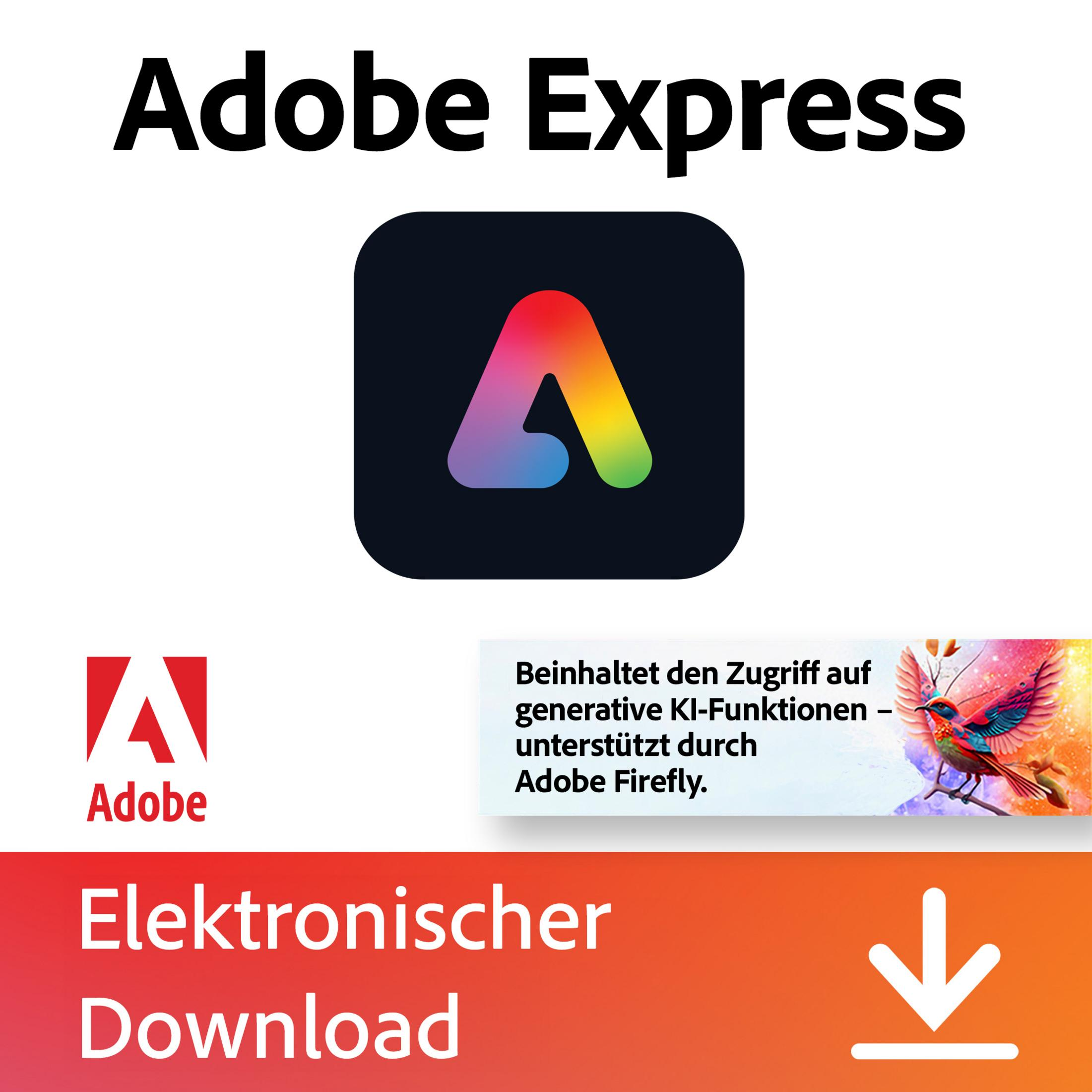 Logo Adobe Express con testo, logo Adobe e icona di download.