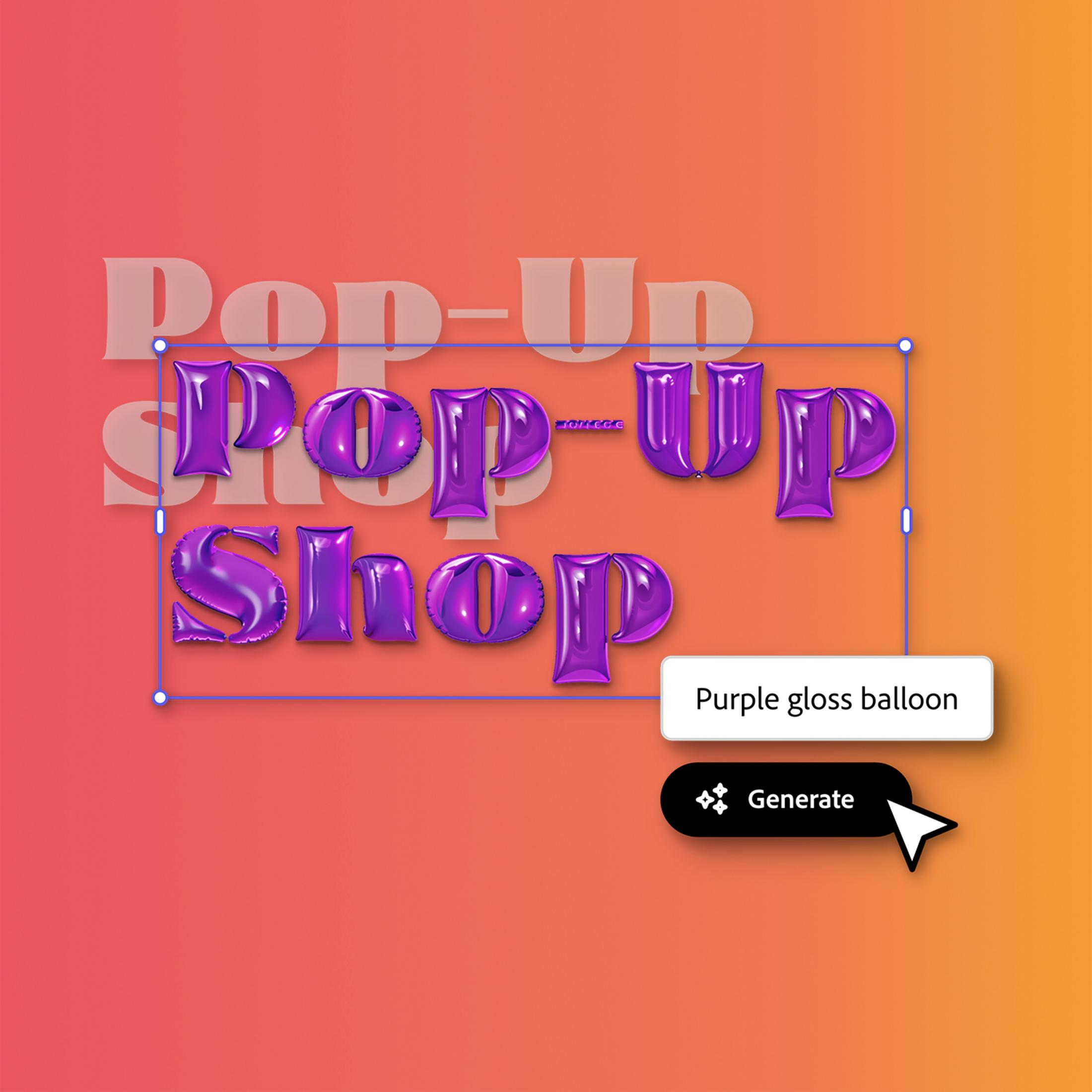 Lettere a palloncino viola lucido formano 'Pop-Up Shop' su sfondo sfumato.