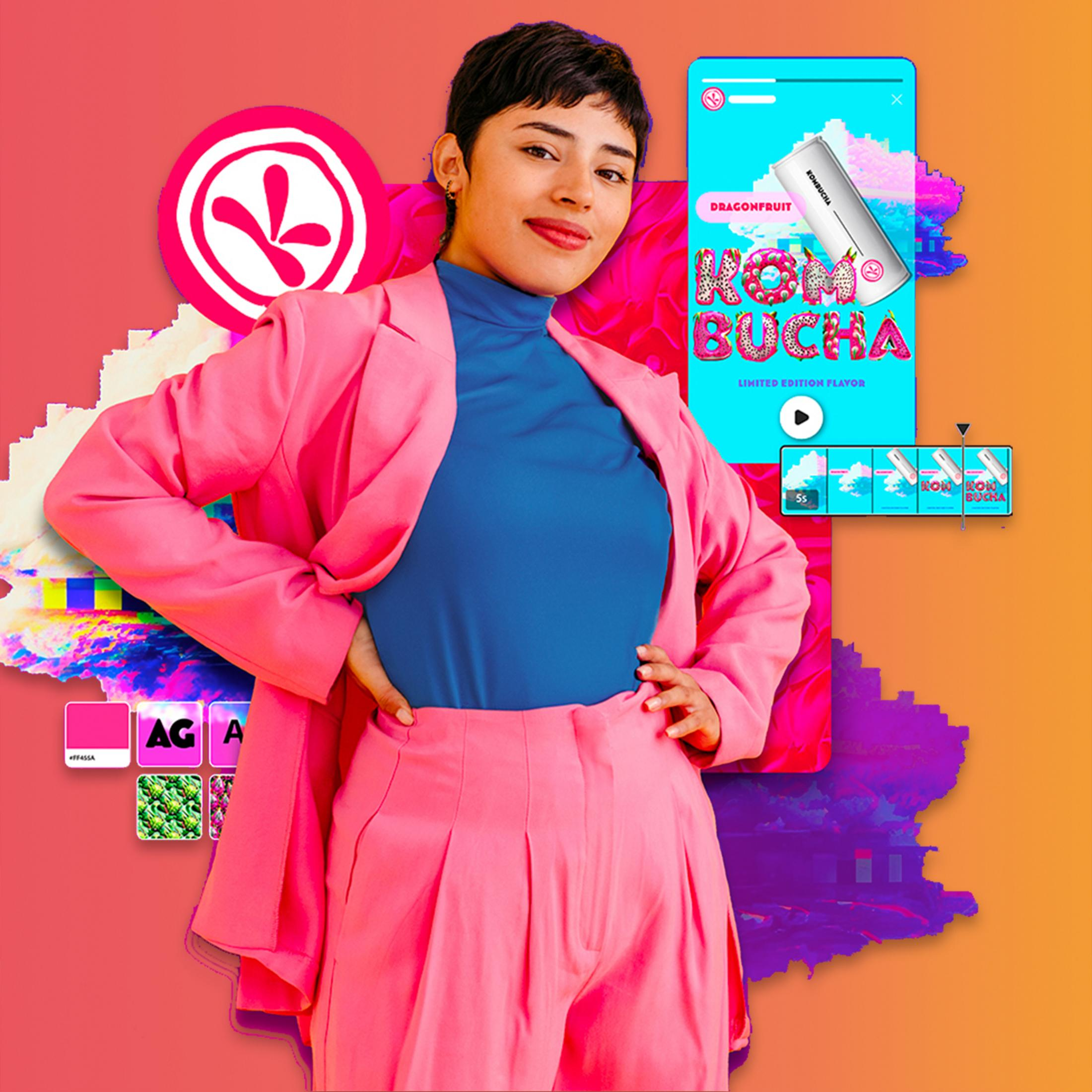 Donna in tailleur rosa posa davanti a un collage digitale con lattina di kombucha.