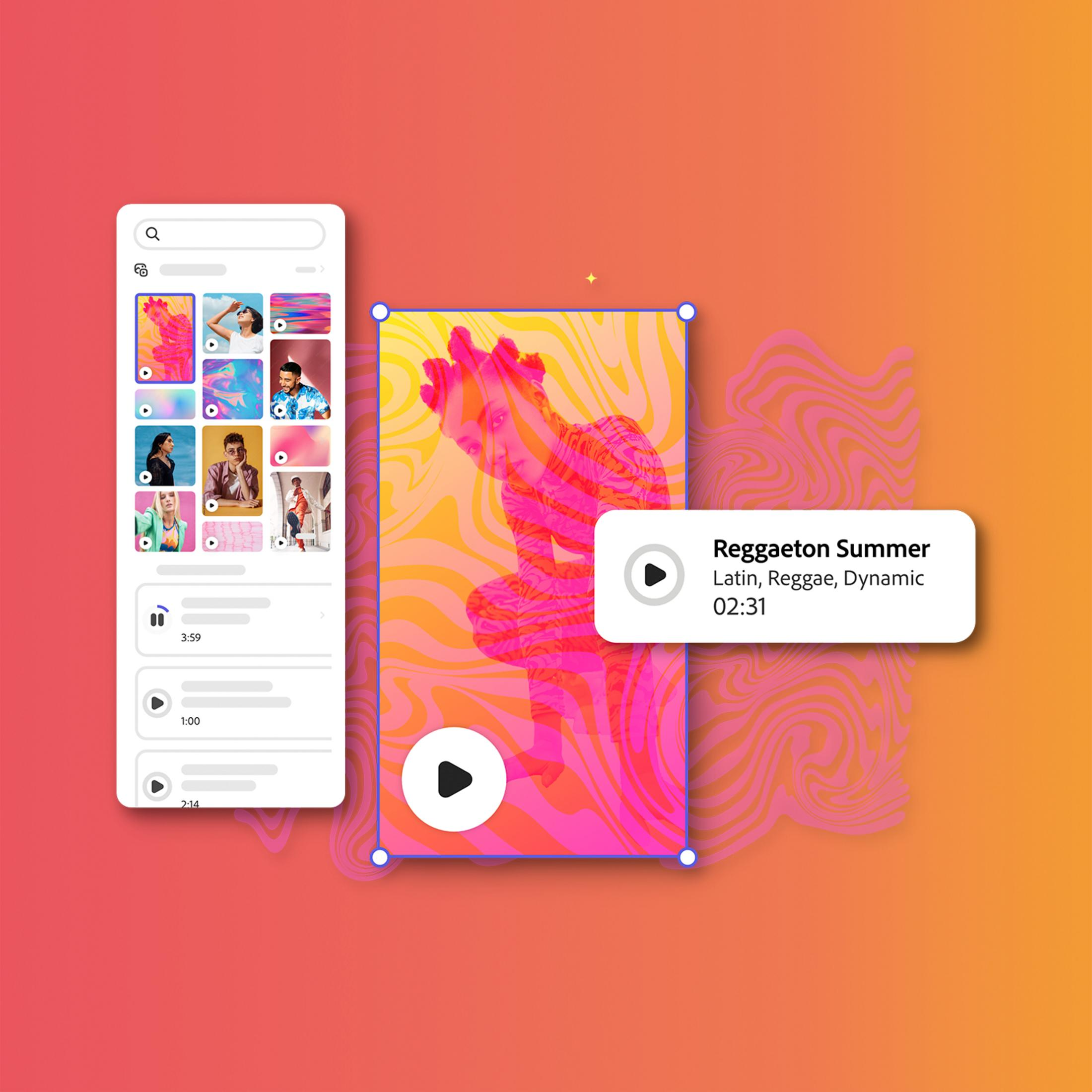 Schermo smartphone con miniature musicali e opzioni di riproduzione. Sfondo con motivi astratti.