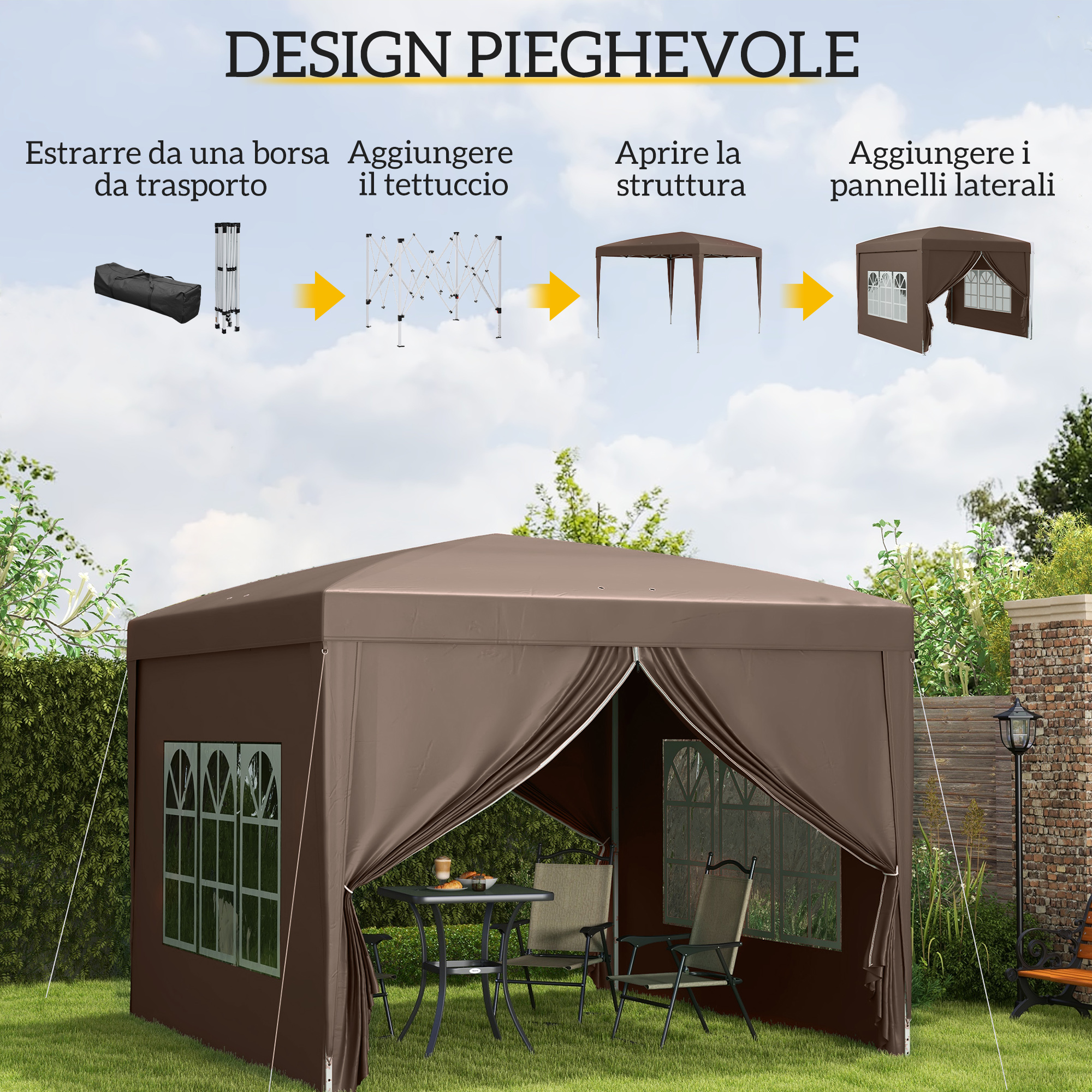 Gazebo marrone con finestre, tavolo e sedie in giardino.