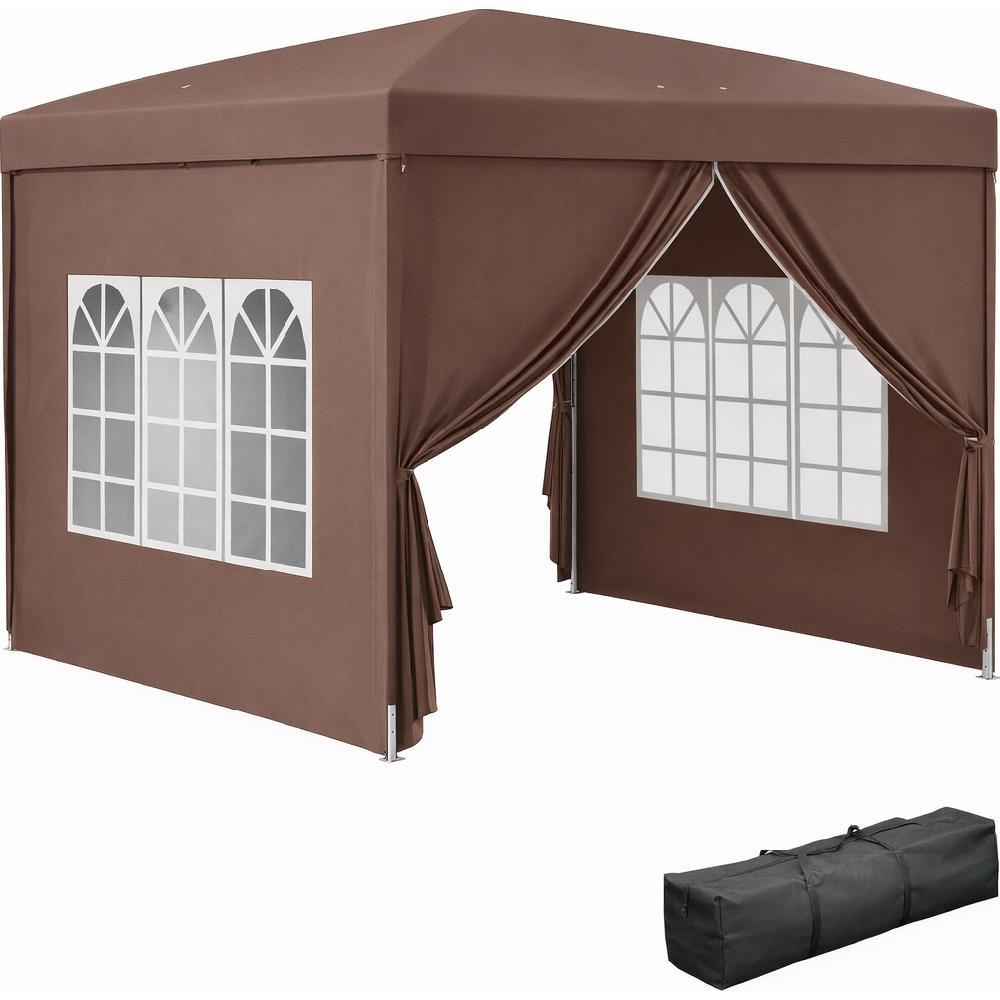Tenda marrone con finestre e borsa per il trasporto accanto.