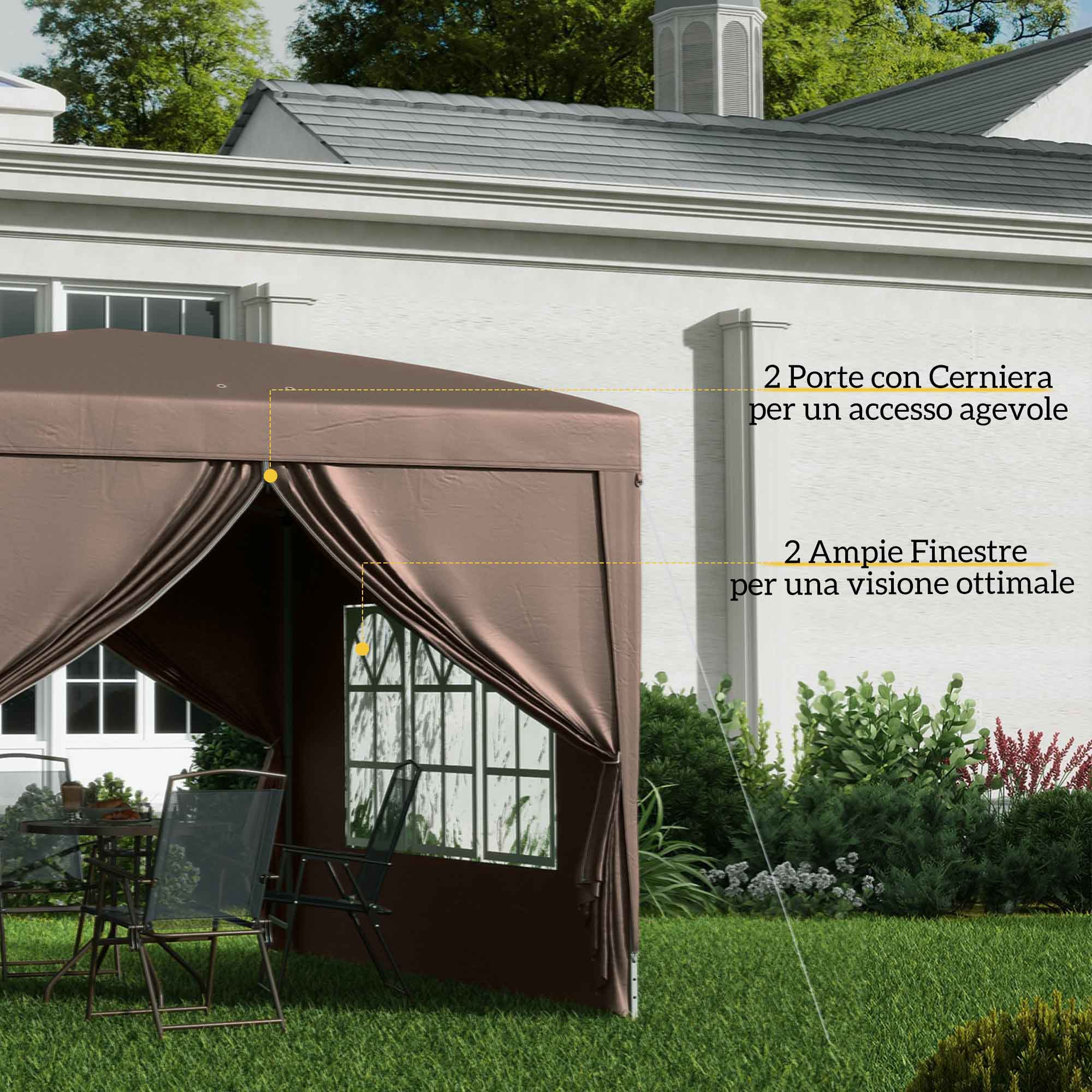 Gazebo marrone con finestre e porte, in un giardino con mobili.