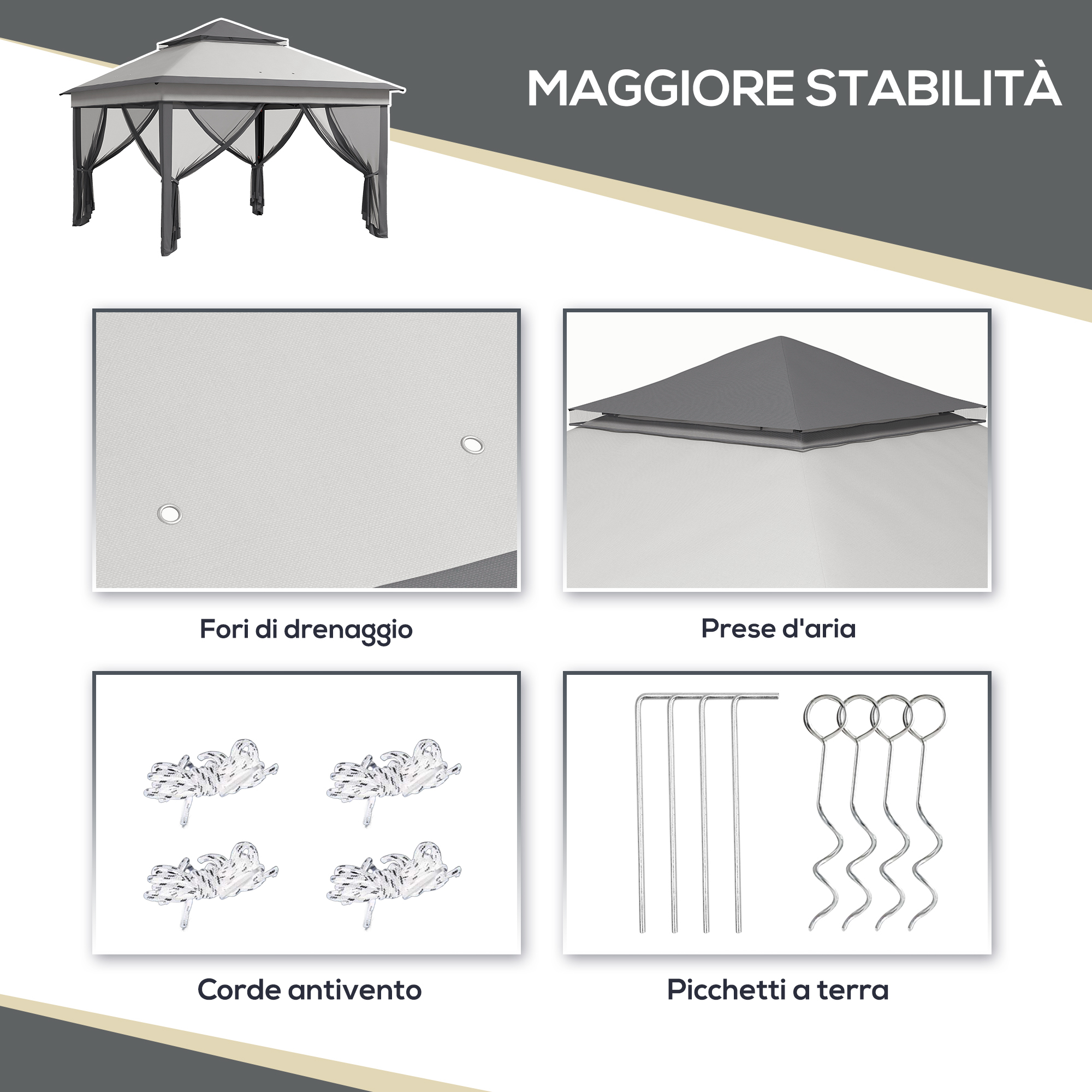 Un gazebo con quattro immagini di dettaglio: fori di drenaggio, prese d'aria, corde, picchetti.