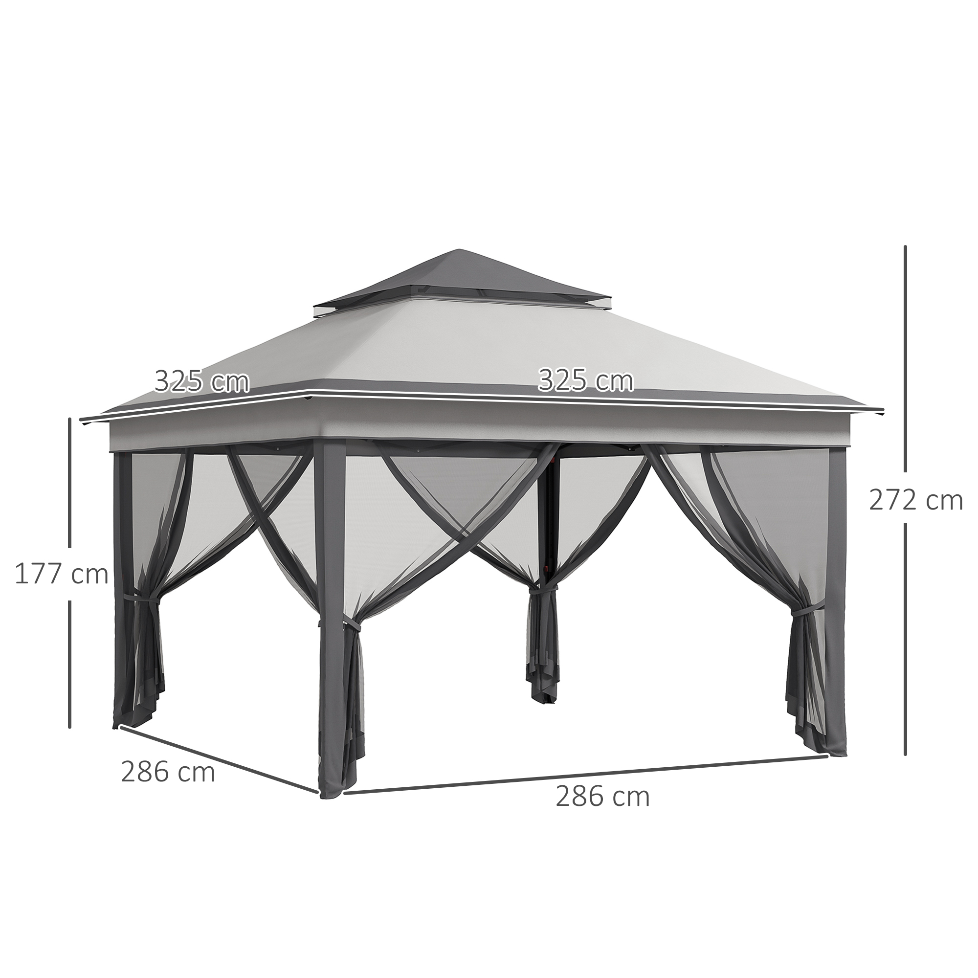 Un gazebo grigio con zanzariere e dimensioni indicate.