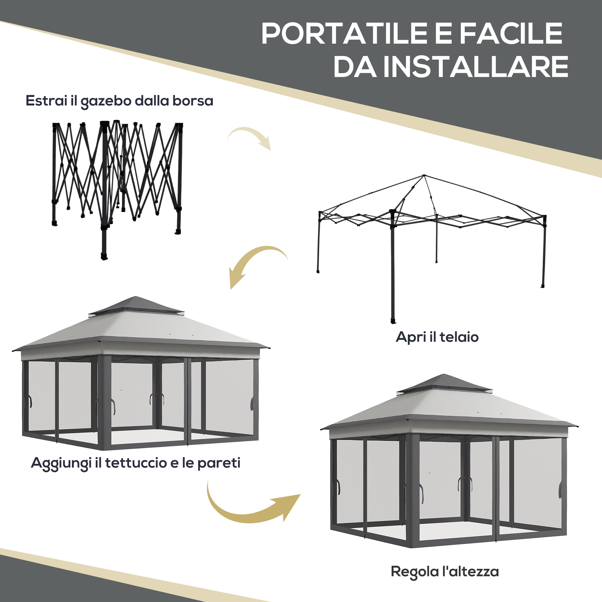 Istruzioni passo passo per montare un gazebo: estrarre, aprire, aggiungere, regolare.