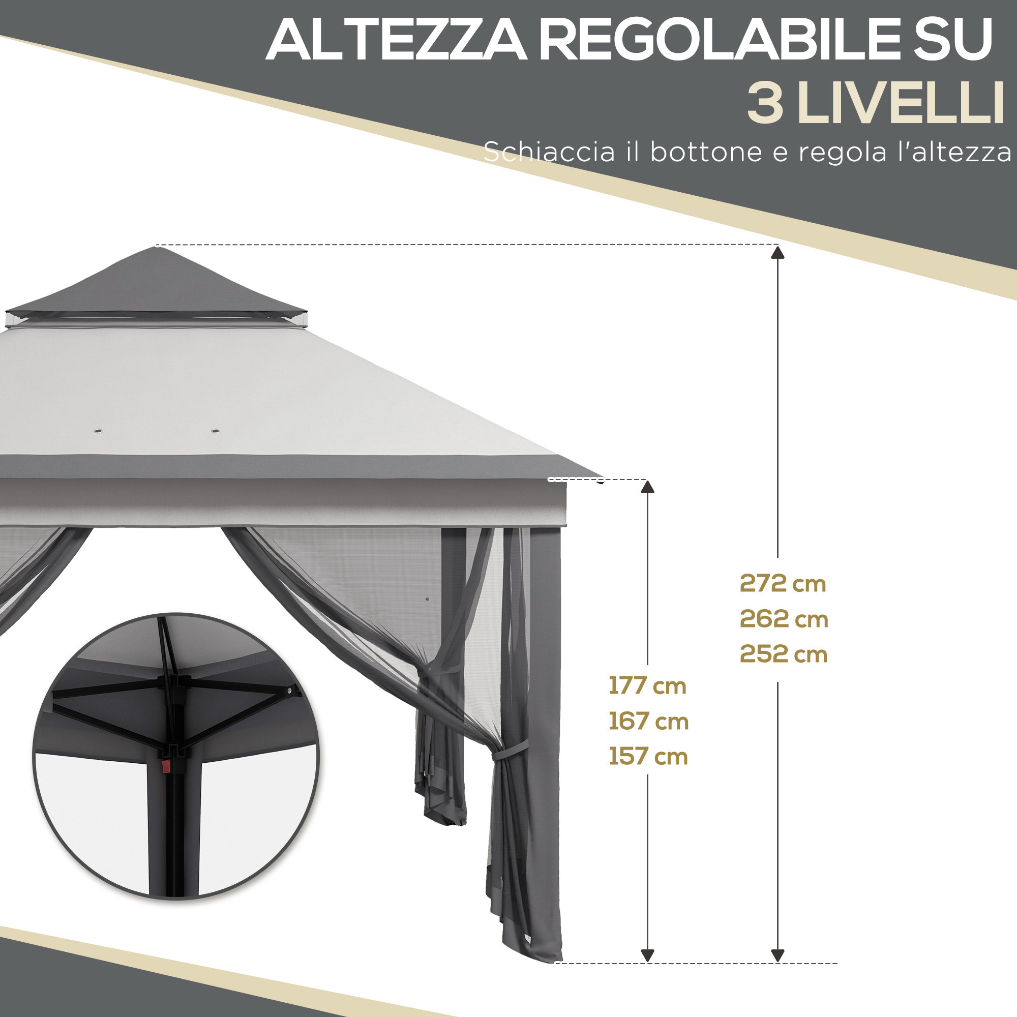 Tenda grigia con altezza regolabile su 3 livelli e indicazioni misure.