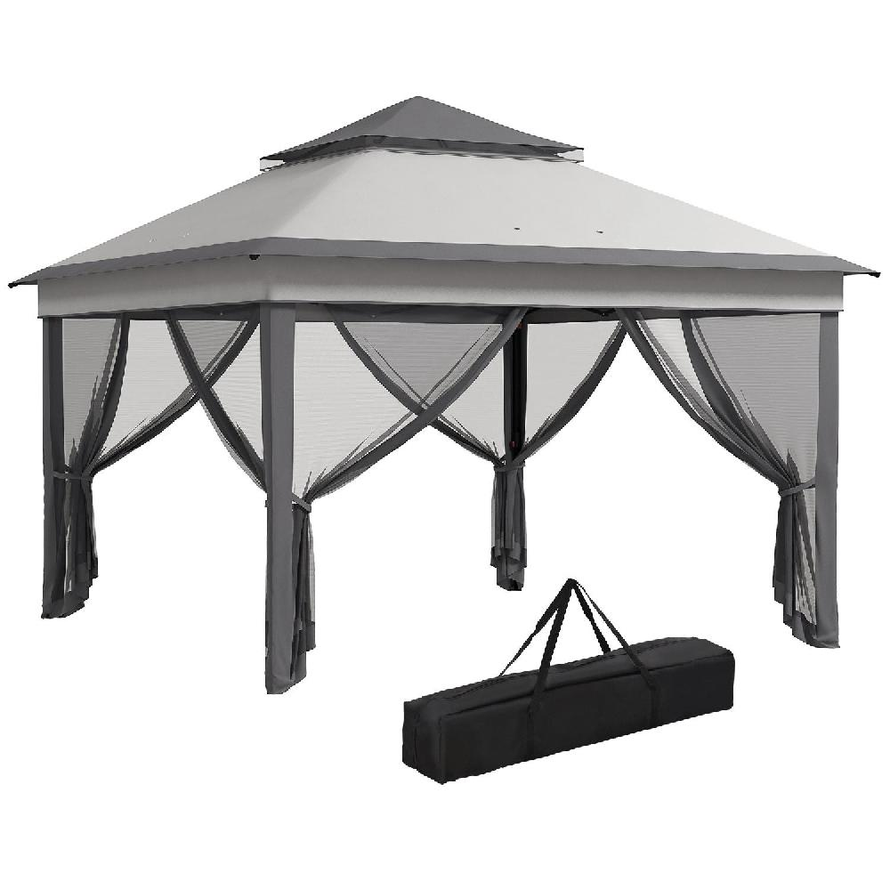 Un gazebo grigio con tende a rete e una borsa per il trasporto nera.
