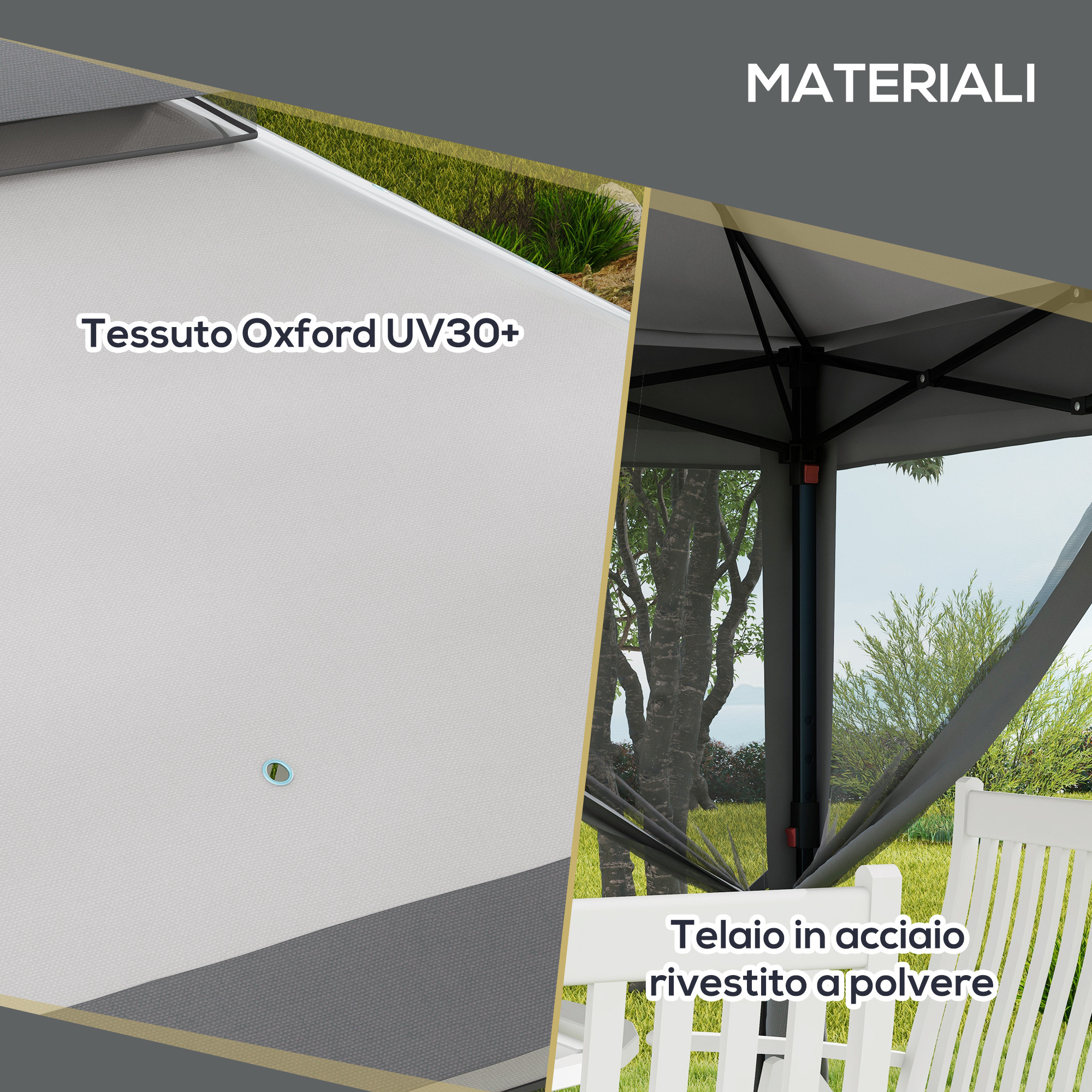 Tendalino in tessuto Oxford UV30+ bianco e telaio in acciaio verniciato a polvere.