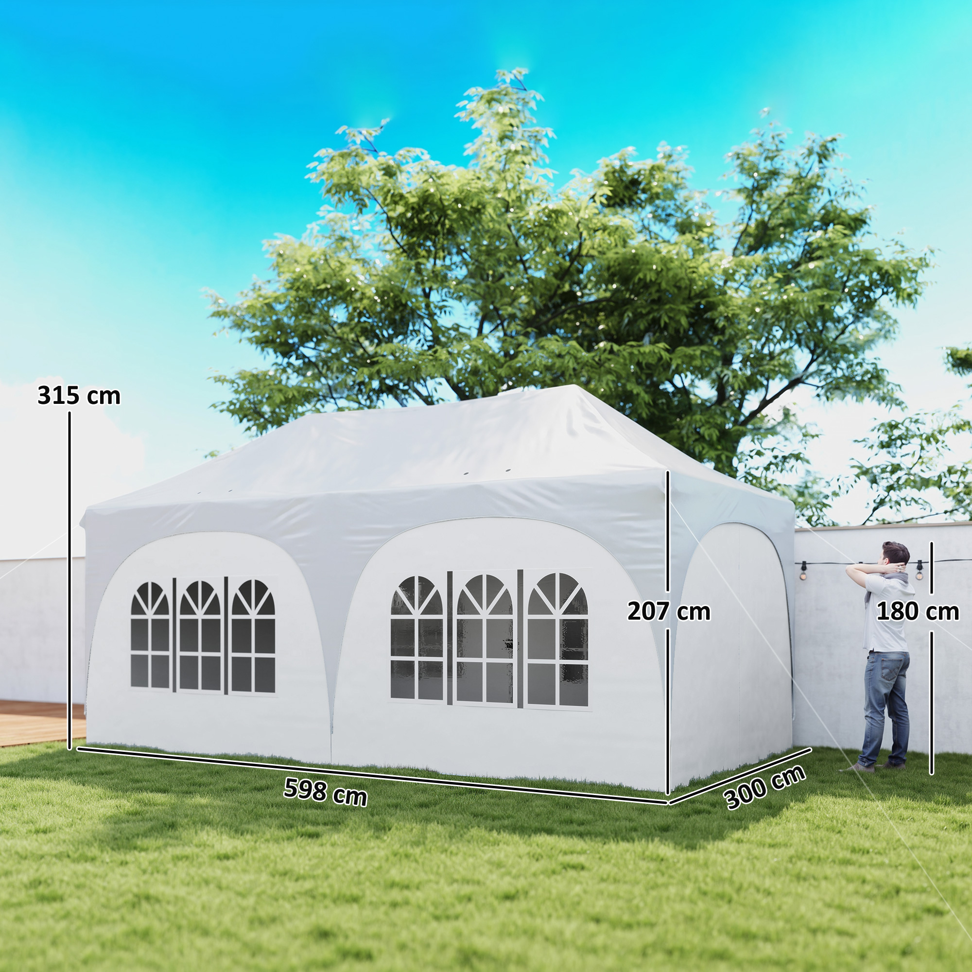 Una tenda bianca con finestre è in giardino, con dimensioni indicate.