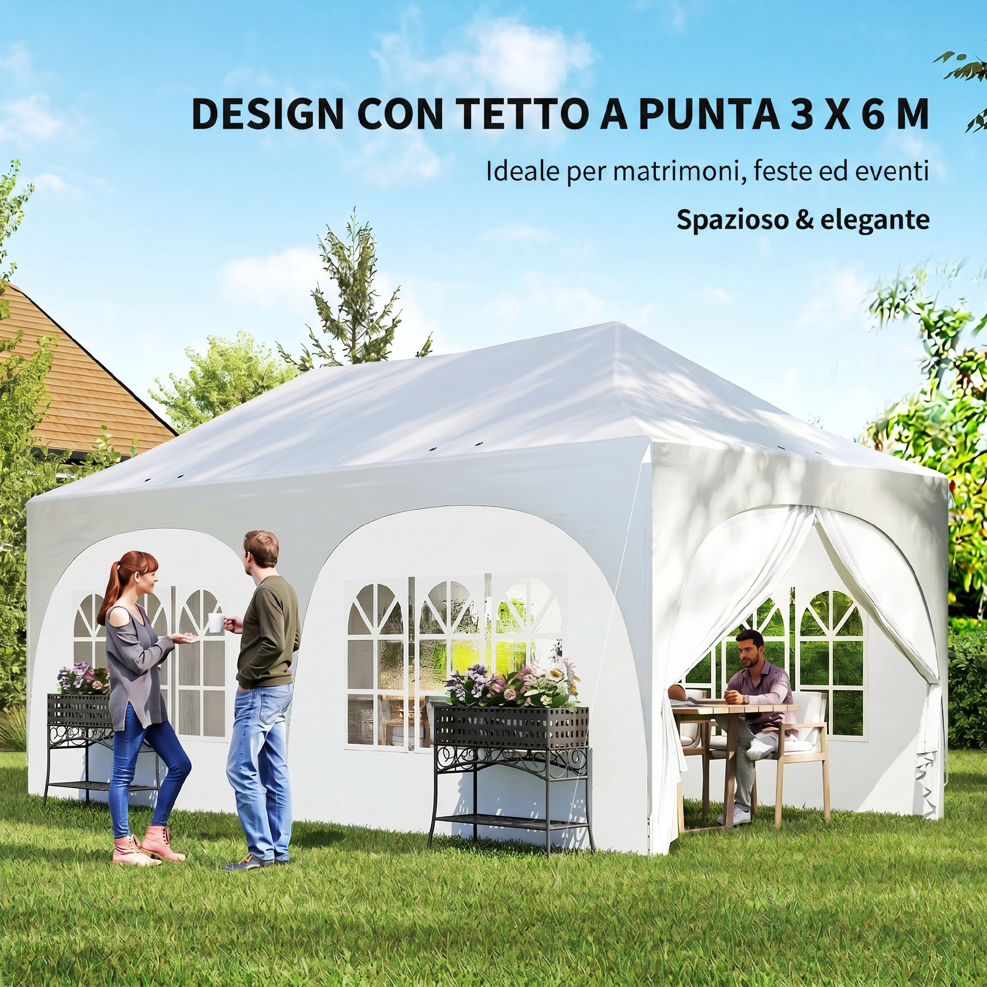 Una tenda bianca con finestre ad arco e persone in giardino.